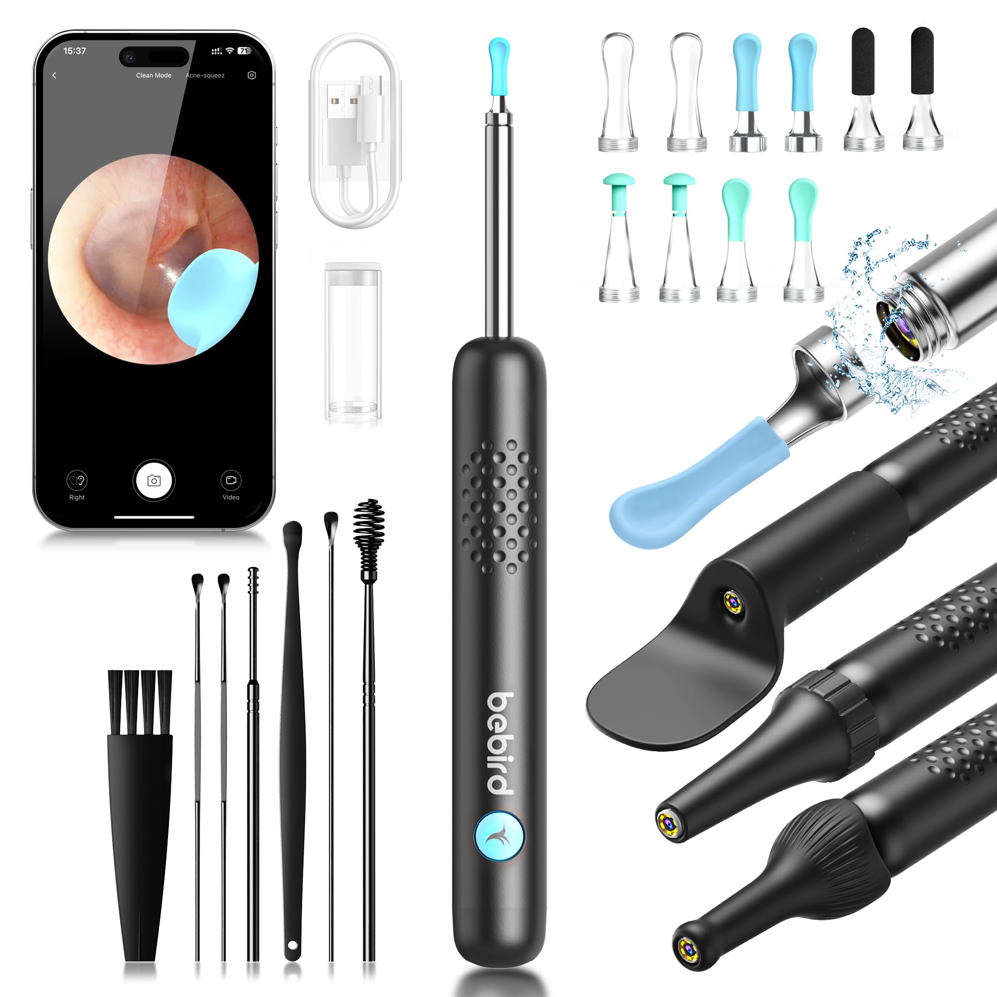 BEBIRD R1 Wax Removal Tool for Ear - Spade Ear Canal Cleaner with Camera 1080P Earscope, Wax Remove Ear Picker with Vari Replacement Tips, Camera with 6LED Light for Ear/Nose/Throat Examination, Black