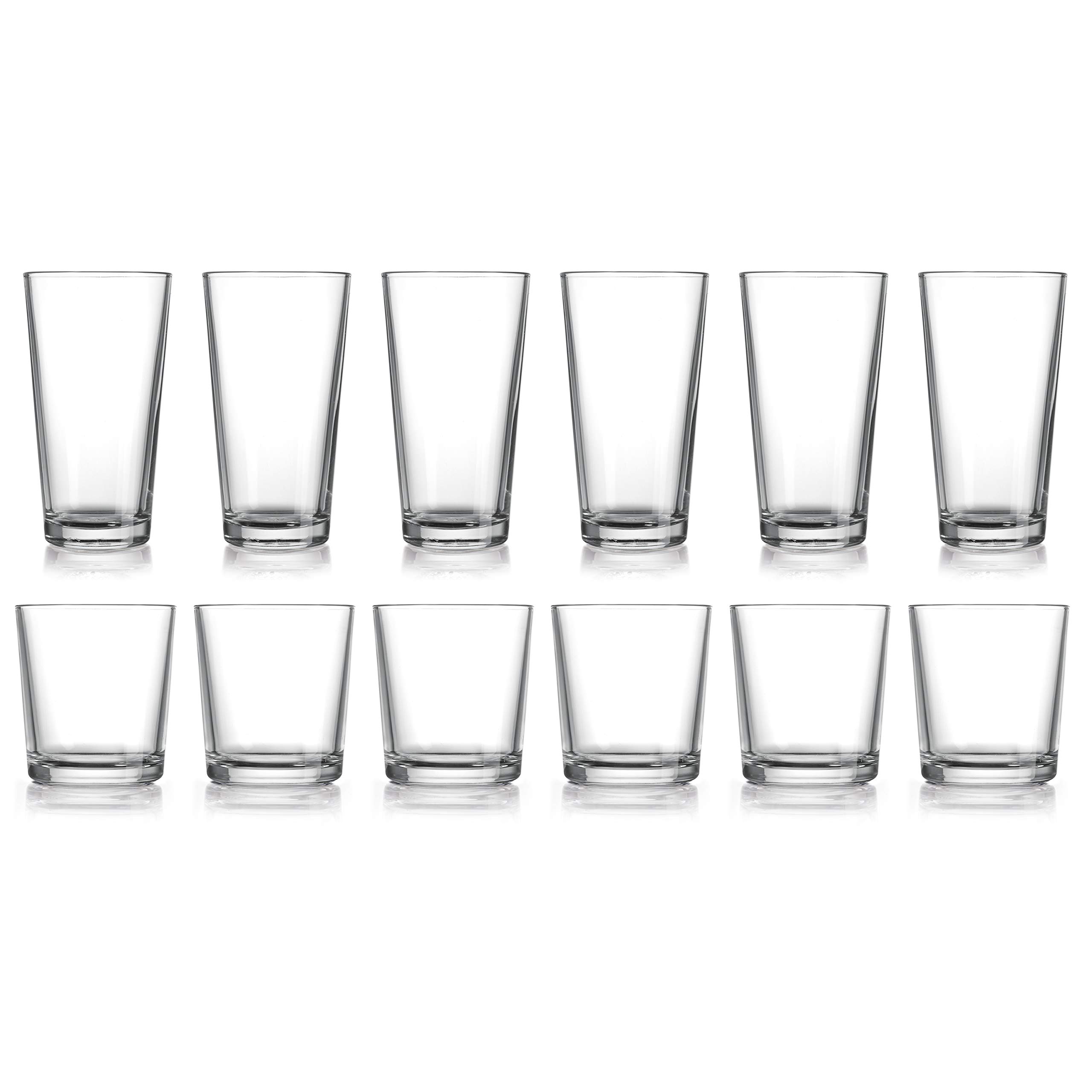 HE Classic Drinking Glasses Set, 12-Count Classic Glassware, Includes 6 Cooler Glasses(17oz) 6 DOF Glasses(14oz)12-piece Elegant Glassware Set