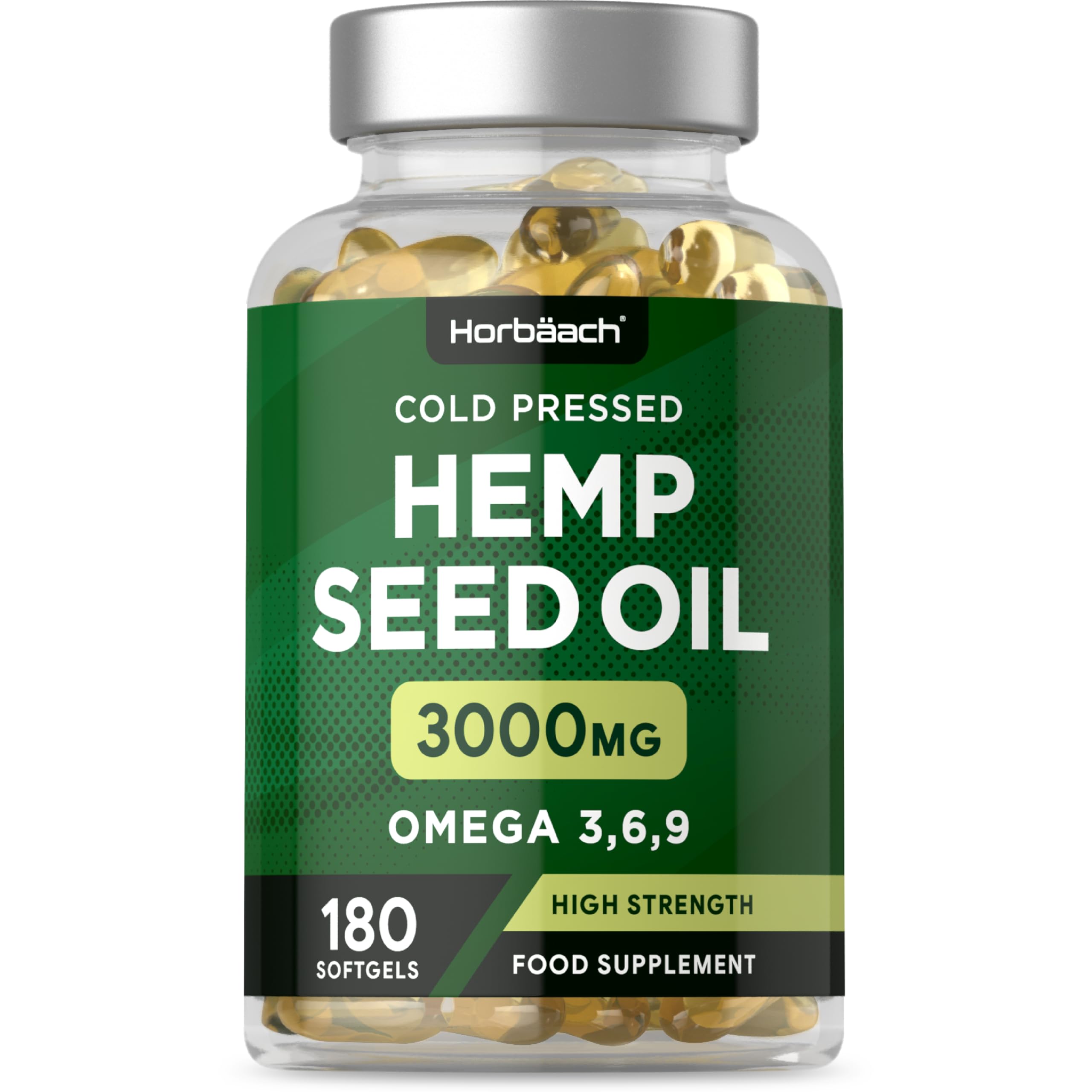 Hemp Seed Oil Capsules High Strength | 180 Count | 3000mg | Cold Pressed Supplement with Omega 3 6 and 9 | No Artificial Preservatives | by Horbaach