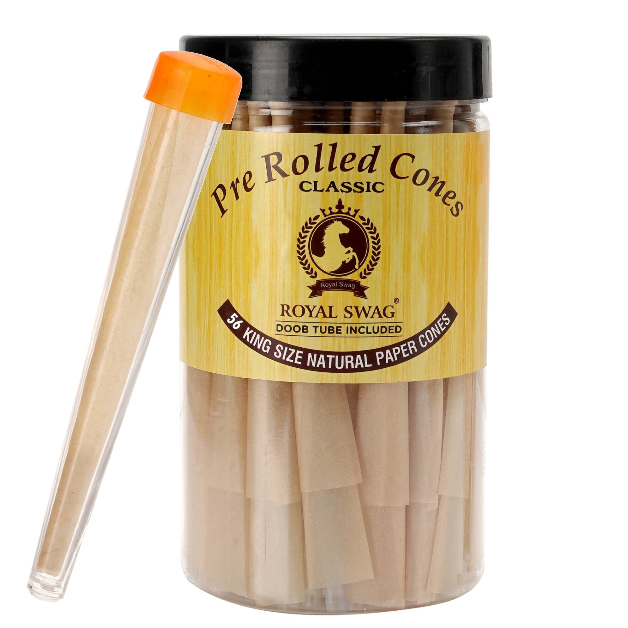 ROYAL SWAG Pre Roll Cones(Pre-Rolled Rolling Paper) Jar Of 56 Count Pre Roll Tube With 1 Filter Tip | King Size 110 mm - Unbleached Paper | Make Your Own Roll - Natural, GMO-Free and Gluten-Free