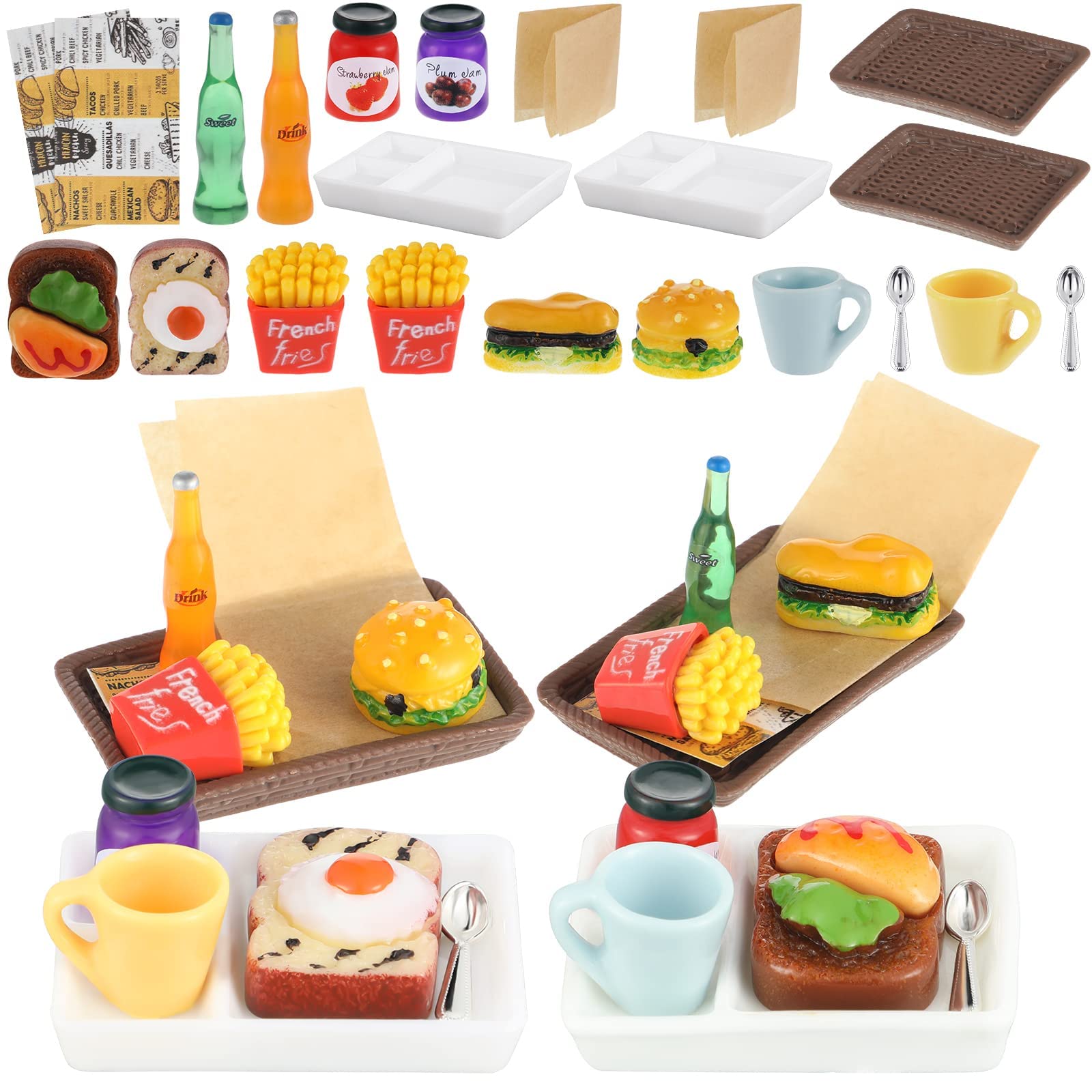 TERRIFI Miniature Food Toy Miniature Doll House Accessories Miniature Play Sets Small Doll Food Dollhouse Food Hamburger Fries Soda Milk Juice Bread Jam Cup Egg for Pretend Play Kitchen