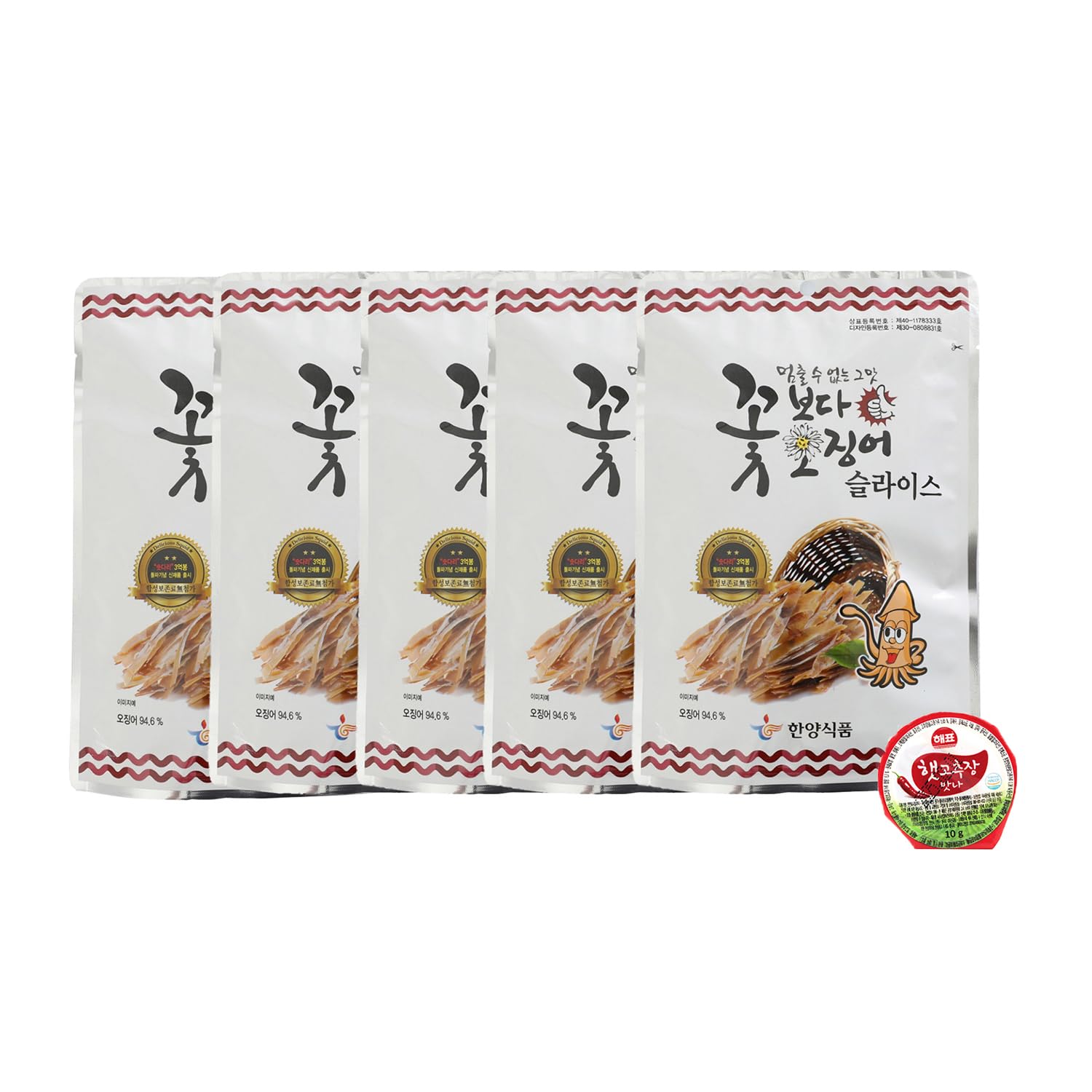 Squid Over Flower Korea Seasoned Dried Squid Snack Original 15g (Slice 5 Pack + Red Paste)