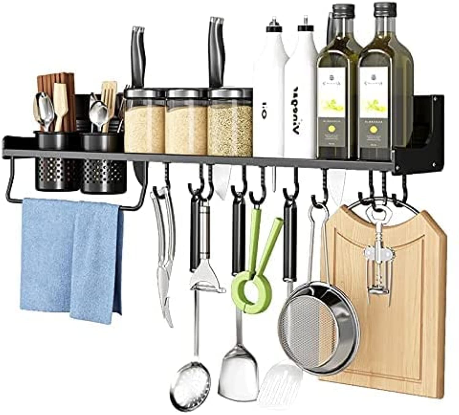 Spice Rack with Hooks Towel Bar, AUTOYSUR Floating Shelves Wall Mounted Holder Heavy Duty, Adhesive/Drill Installation Organizer Saving Space for Home Bathroom Kitchen Cabinet Pantry