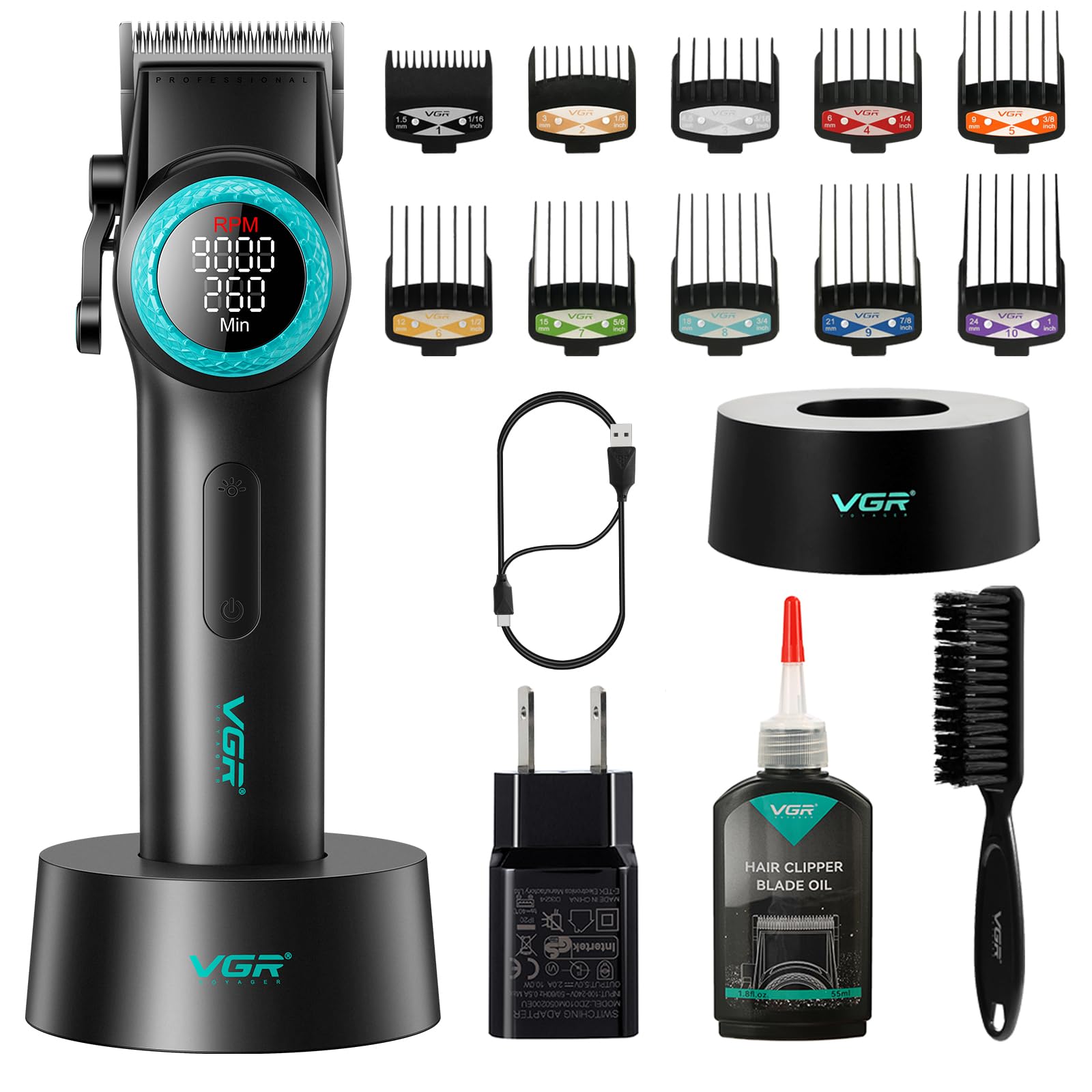 VGR001 Professional Hair Clippers for Men, Cordless Barber Clippers for Hair Cutting, Carbon Steel Blade Hair Trimmers for Barbers, 9000RPM, LED Display, Black