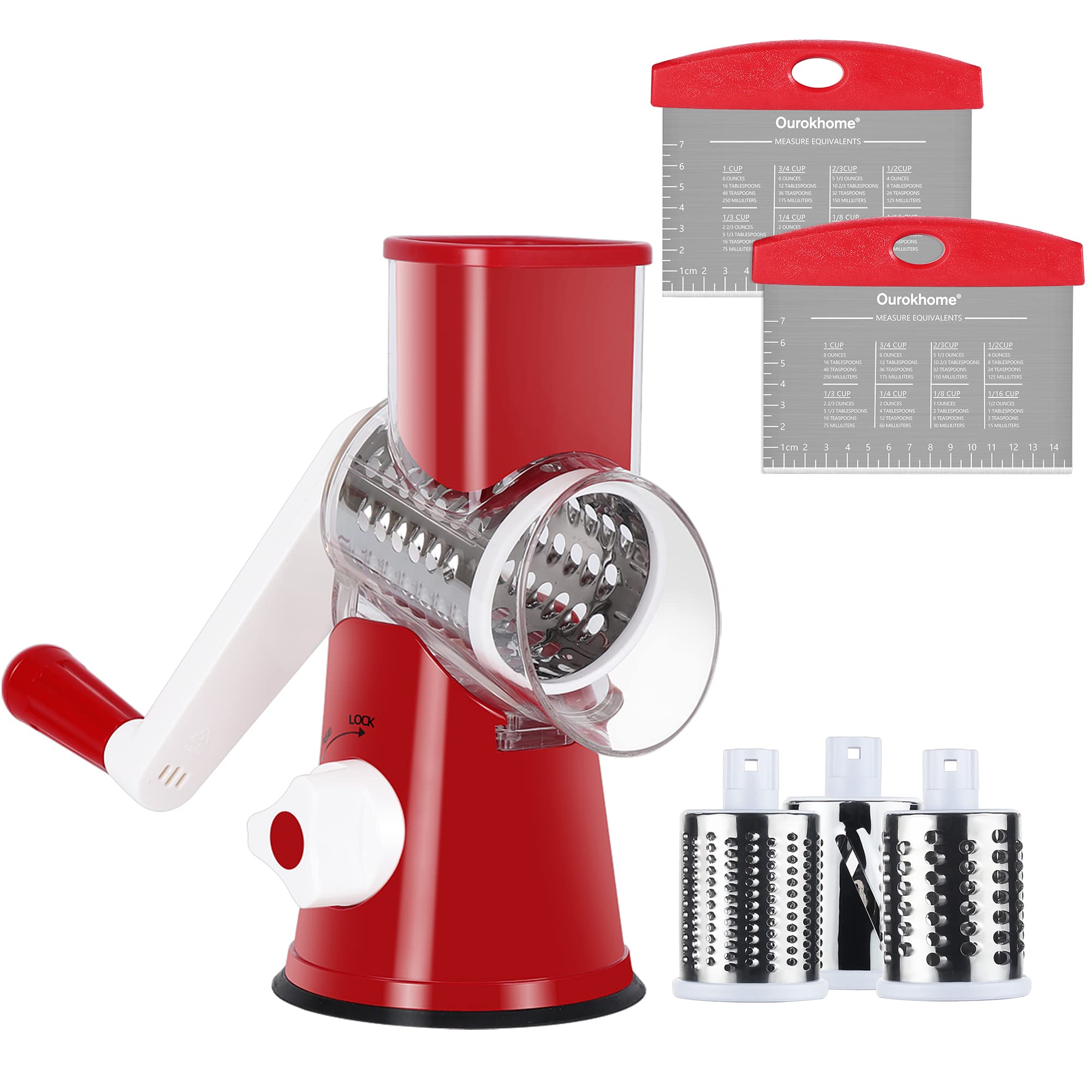 OurokhomeRotary Cheese Grater Shredder and Pastry Dough Bench Scraper Knife, with Vegetable Peeler and Cleaning Brush (Red)