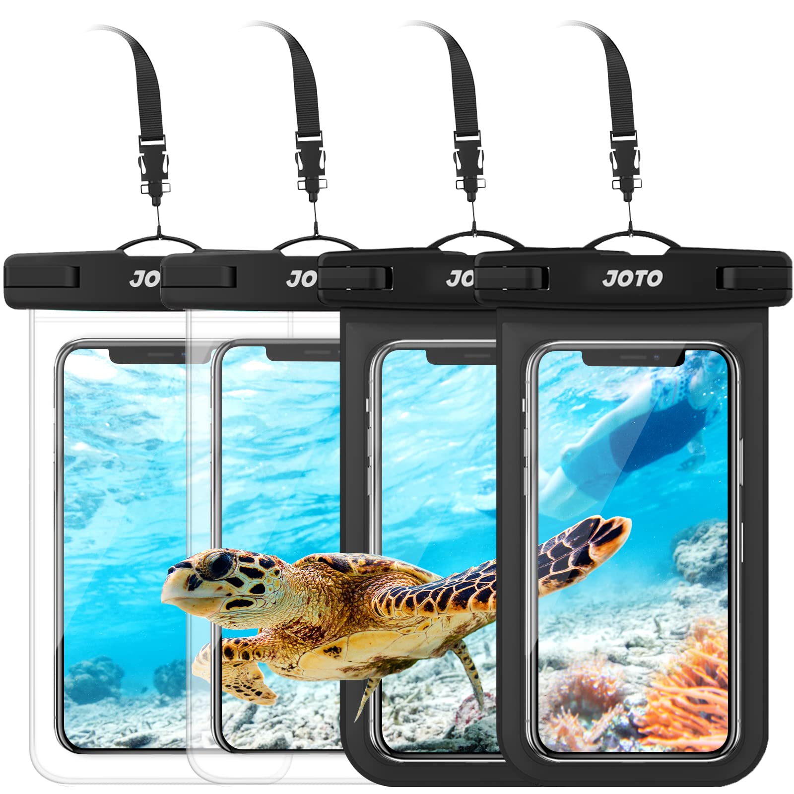 JOTO 4 Pack Universal Waterproof Case Phone Pouch Holder, IPX8 Underwater Cell Phone Dry Bag for iPhone 14 13 12 11 Plus Pro Max XS XR X 8 7, Galaxy S21 S20 S10 S9 Note Pixel Up to 7.0"-2Black/2Clear