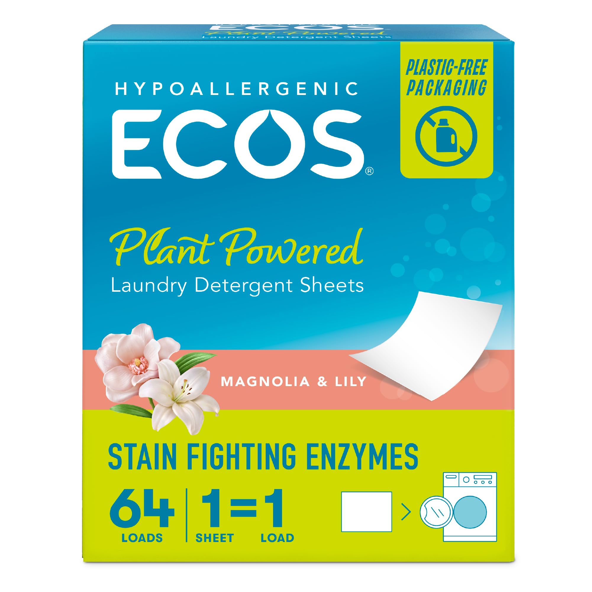 ECOS Laundry Detergent Sheets Vegan, No Plastic Jug, No Mess & Liquid Free - Laundry Sheets in Washer - Hypoallergenic, Plant Powered Laundry Detergent Sheets - Magnolia & Lily - 64 Sheets (Pack of 1)