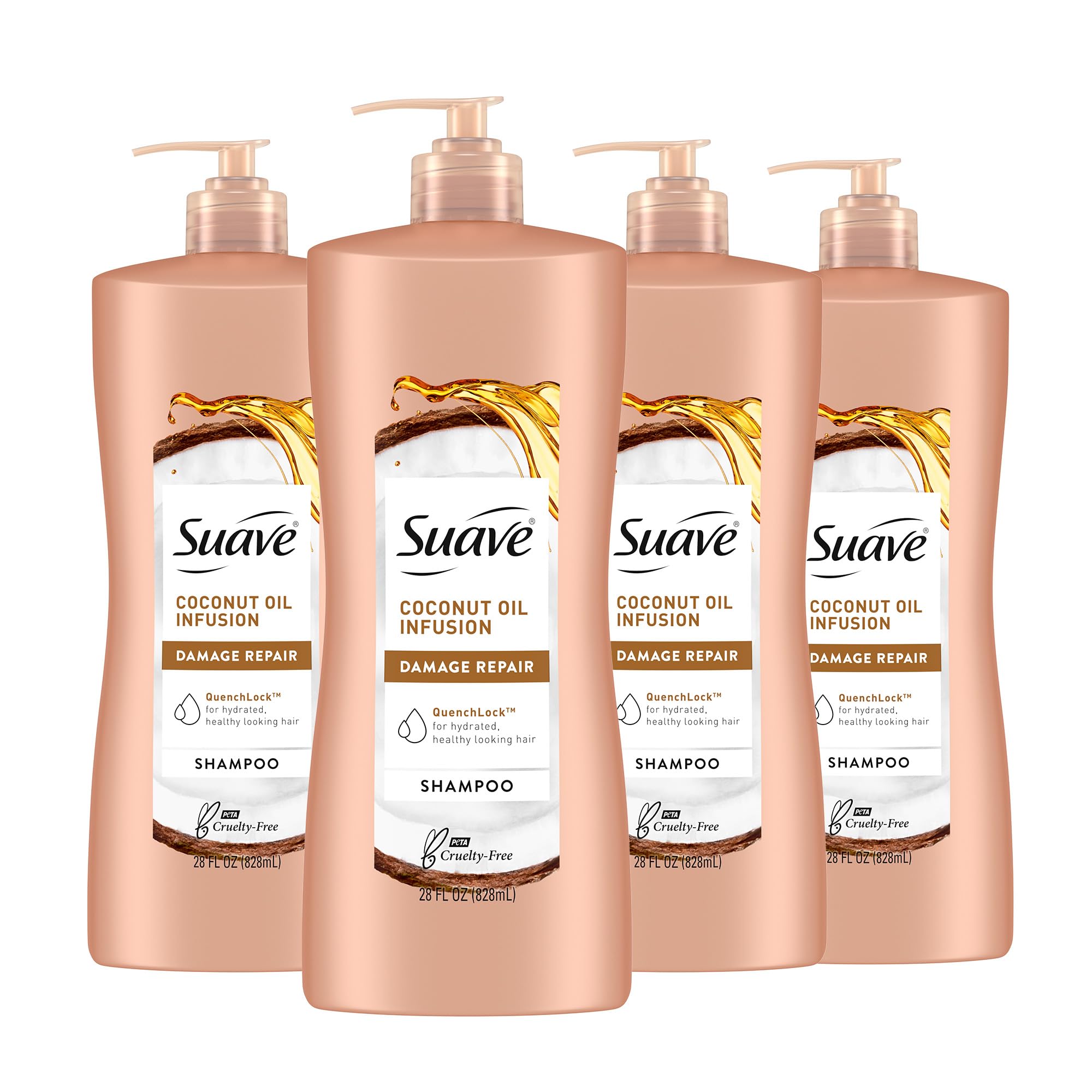 Suave Coconut Oil Damage Repair Shampoo, for Normal, Dry and Damaged Hair, with Pure Coconut Oil Infusion, 28 oz Pack of 4