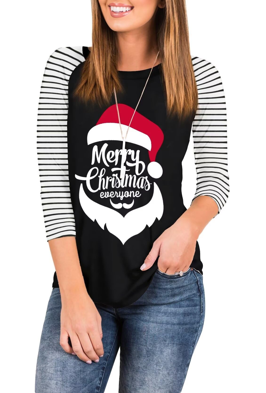 DressmineWomens Christmas Shirts Casual Crewneck 3/4 Sleeve Print Graphic Tees Holiday Tunic Top