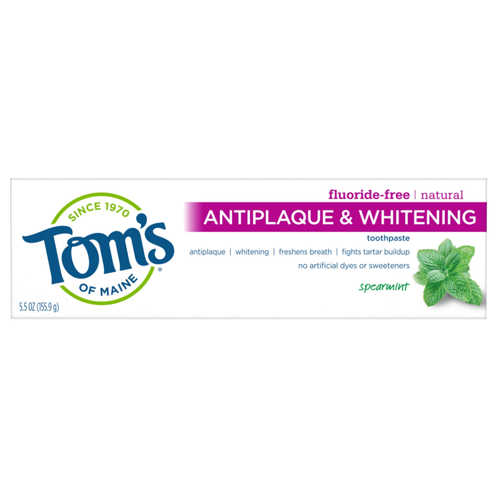 Tom's of Maine Natural Antiplaque and Whitening Fluoride Free Toothpaste, Spearmint, 5.5 Ounce