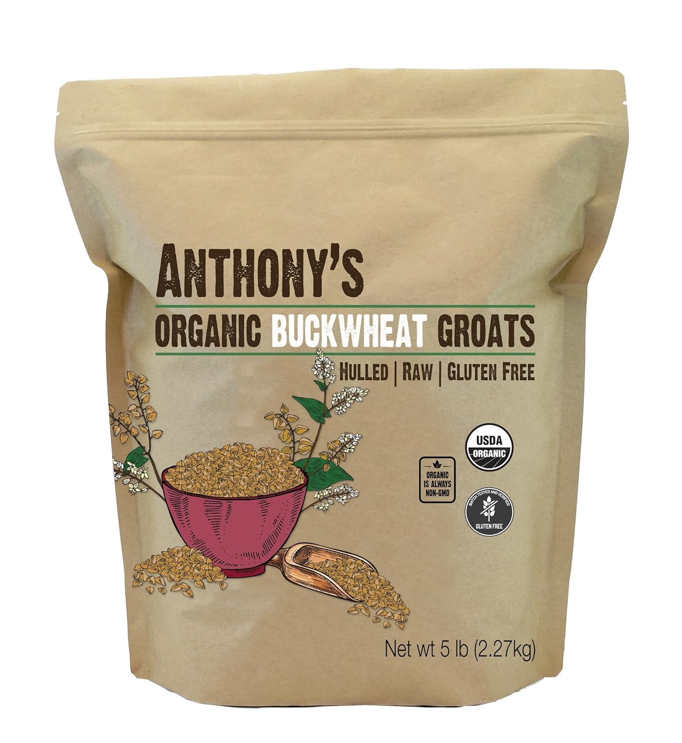 Anthony's Organic Hulled Buckwheat Groats, 5lb, Gluten Free, Non GMO