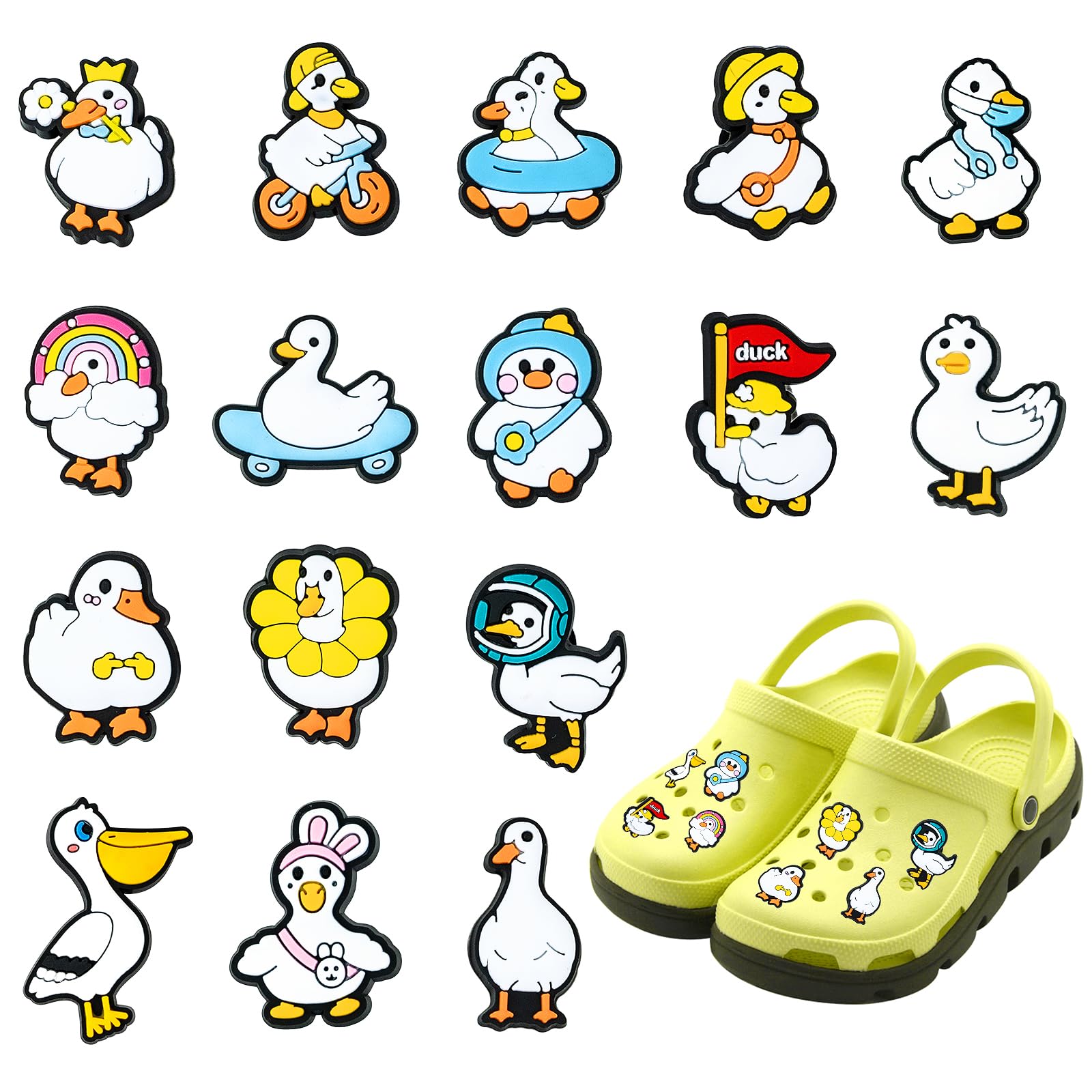 16 PCS Duck Shoe Charms DIY Matching Shoe Decoration Duck Shoe Decor Shoe Accessories for Adult Kids