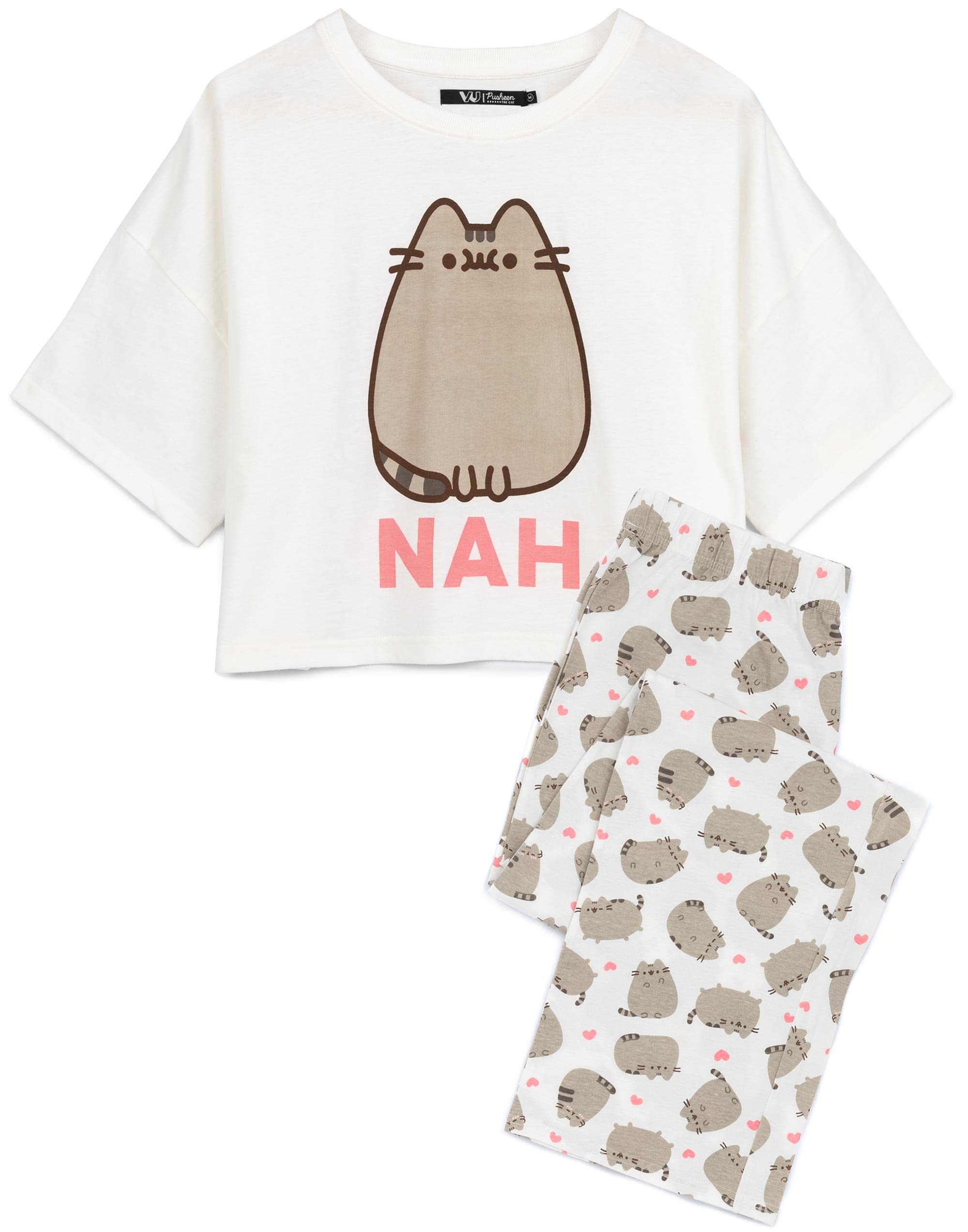 Pusheen Womens Pyjama Set | Ladies Cartoon Cat Animal Graphic PJs | White Short Sleeve Long Leg Pajama Merchandise Gift