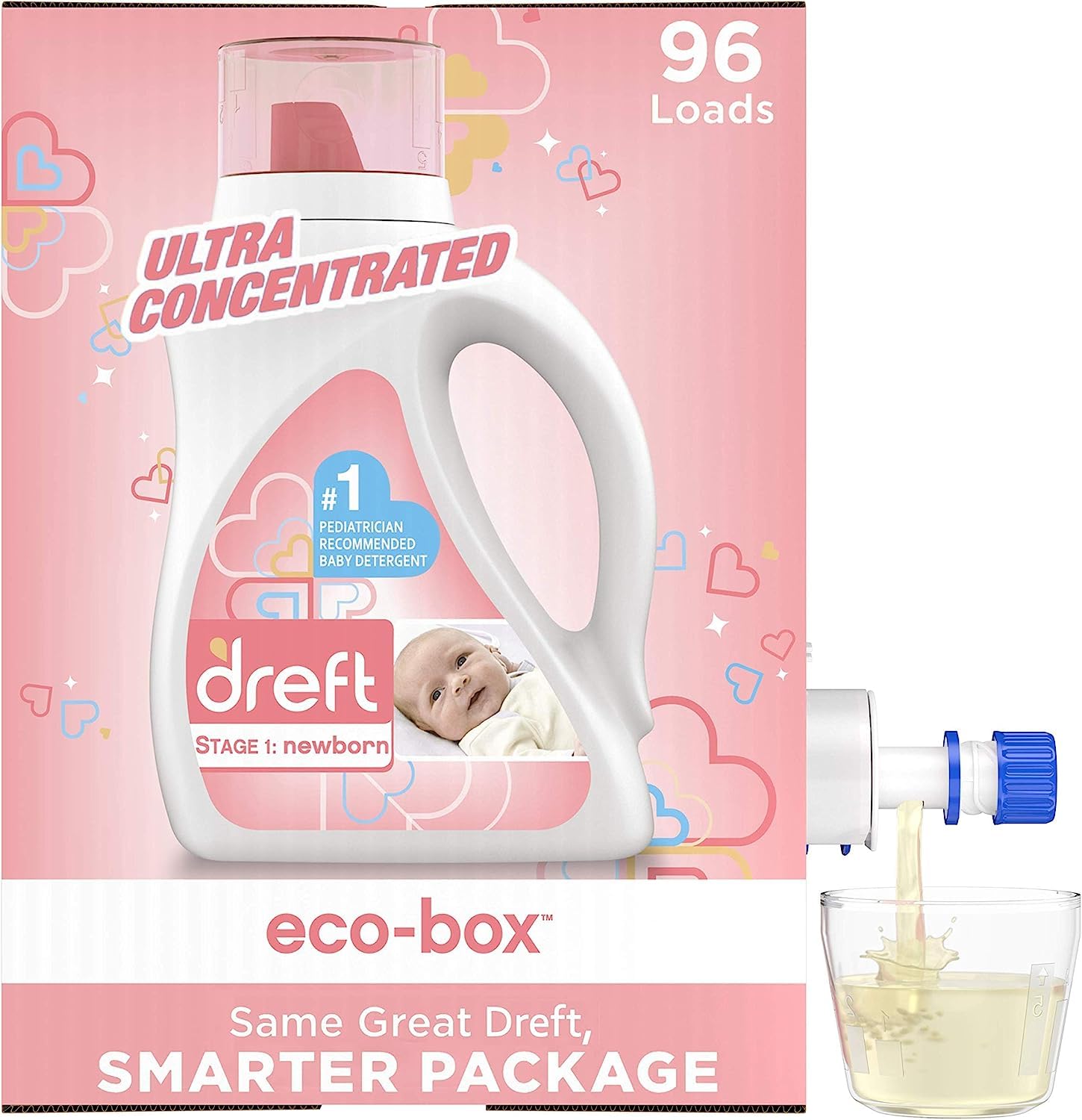 Dreft Stage 1: Baby Laundry Detergent Liquid Soap Eco-Box, Natural For Newborn, Or Infant, Ultra Concentrated He, 96 Loads - Hypoallergenic For Sensitive Skin