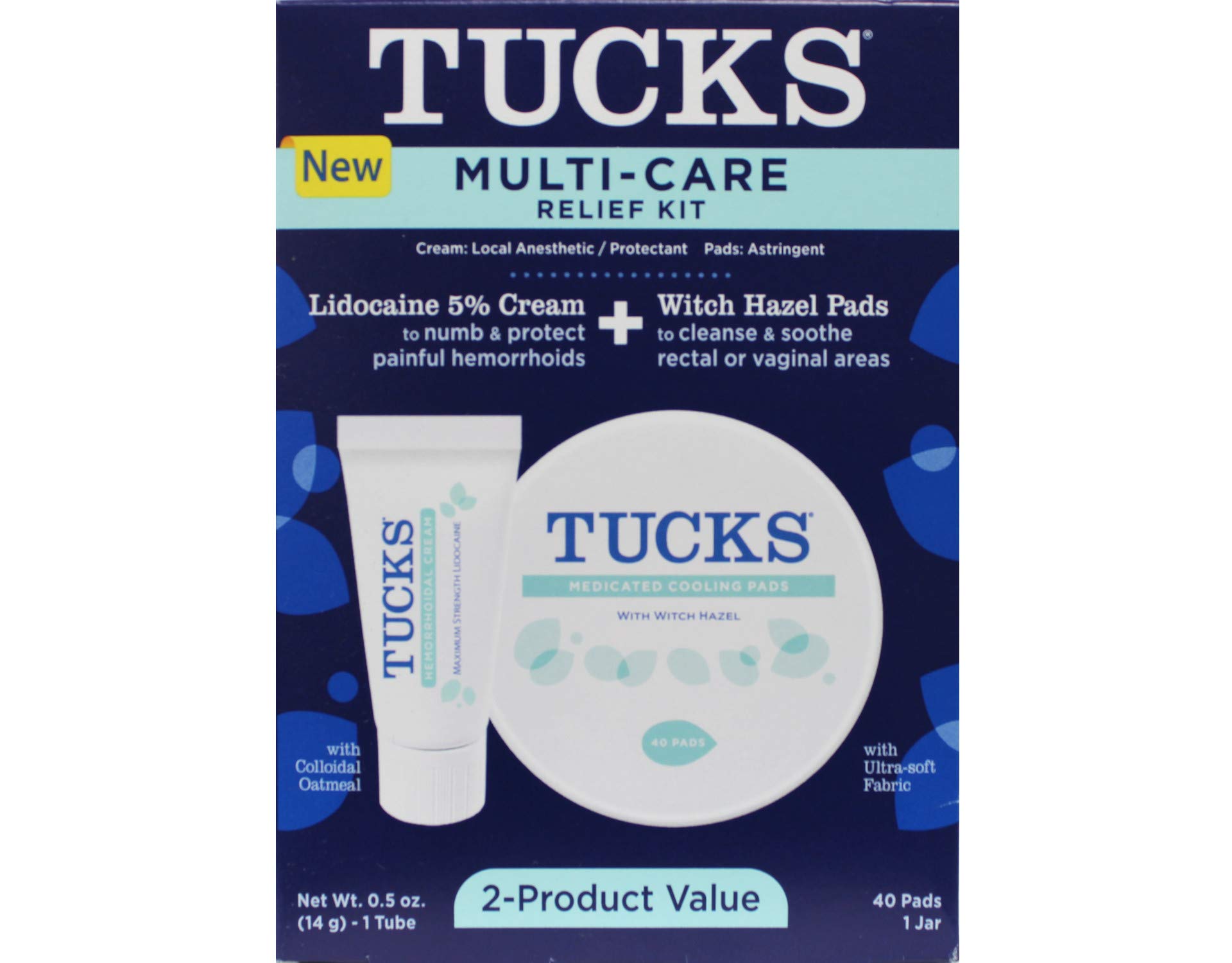 Tucks Multi-Care Hemorrhoids Relief Kit, 40 Witch Hazel Pads & 0.5 oz Cream (Pack of 2)