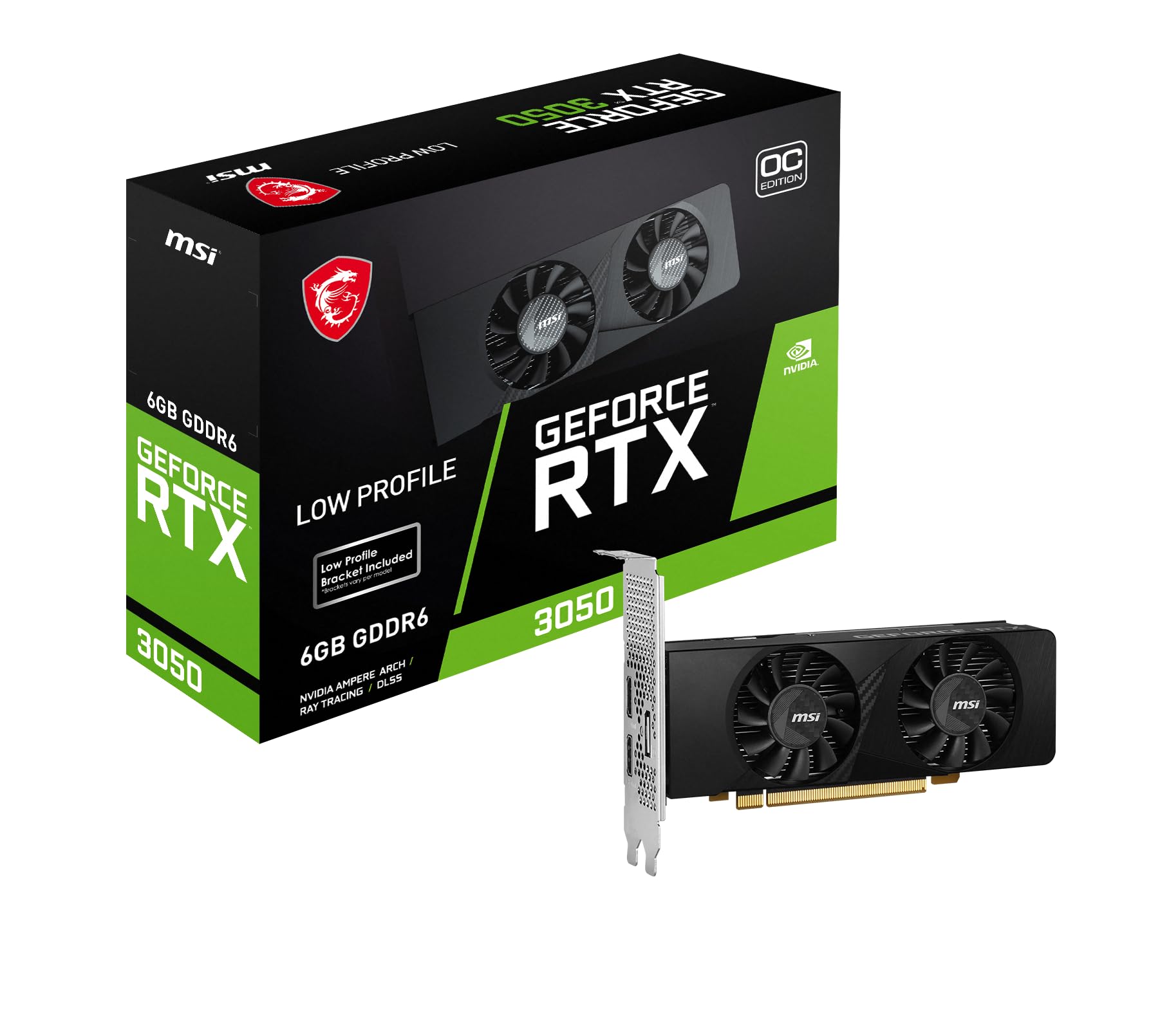 MSIGeForce RTX 3050 LP 6G OC Gaming Graphics Card - 6GB GDDR6, 1492 MHz, PCI Express Gen 4, 96-bit, 1x DP (v1.4a), 2x HDMI 2.1 (Supports 4K)