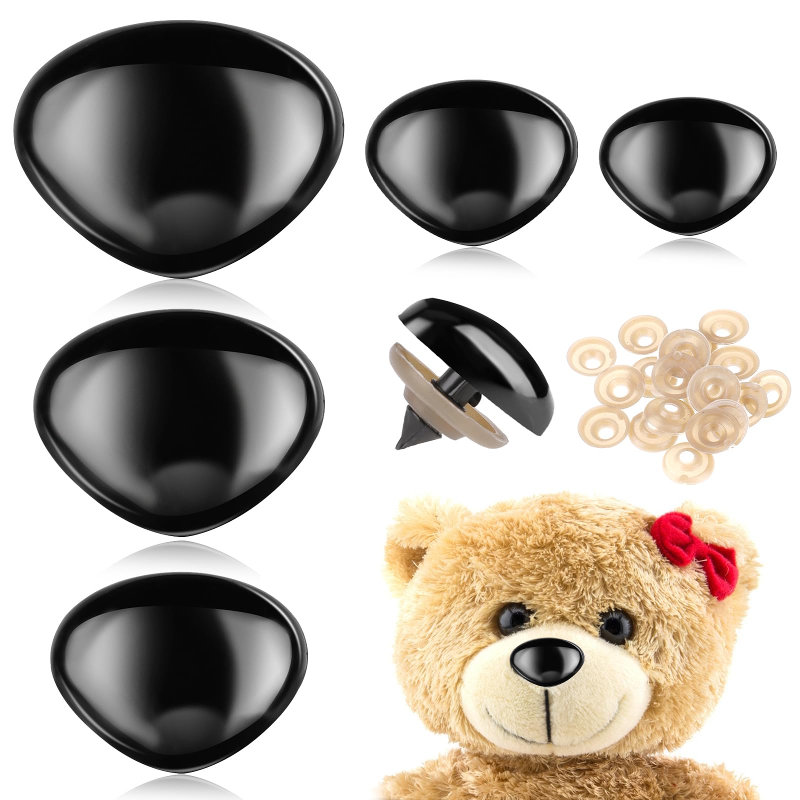 KALIONE 100 Pcs Large Safety Noses for Stuffed Animals, 15mm 18mm 22mm 24mm 30mm, Doll Noses with Washers Plastic Safety Noses for Crochet Animals Craft Puppet Plush Bear Accessories(Black)