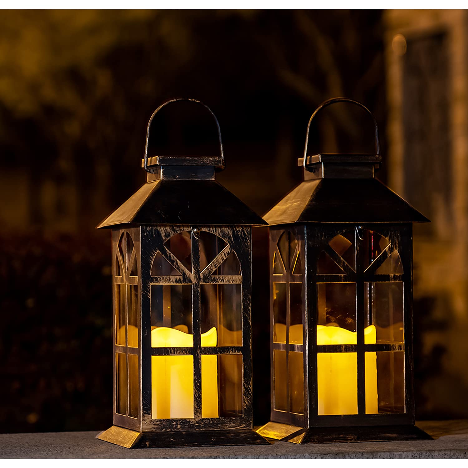 SteadyDoggie Solar Lantern Classic Bronze 2 Pack - Hanging Solar Lights with Flickering Candle LED - Retro Ornate Hanging Solar Lantern with Handle (Bronze, 2)