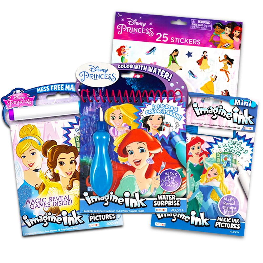 Disney Princess Imagine Ink Activity Book Set -- 3 Magic Disney Princess Coloring Books for Girls Kids Toddlers with Invisible Ink Pens, Stickers, Games, Puzzles, Mazes and More