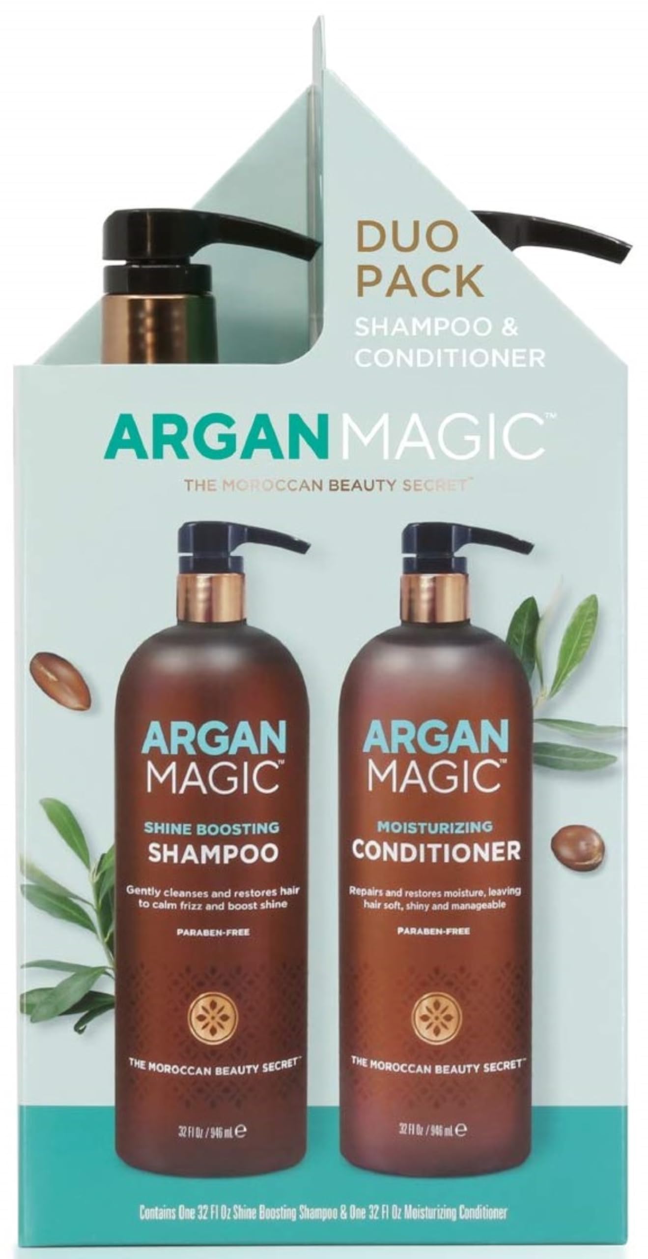 Argan Magic Shine Boosting Shampoo & Moisturizing Conditioner Duo - Gently Cleanses, Boosts Shine, Controls Frizz, Restores Moisture, Detangles | Made in USA, Paraben Free, Cruelty Free (32 oz)