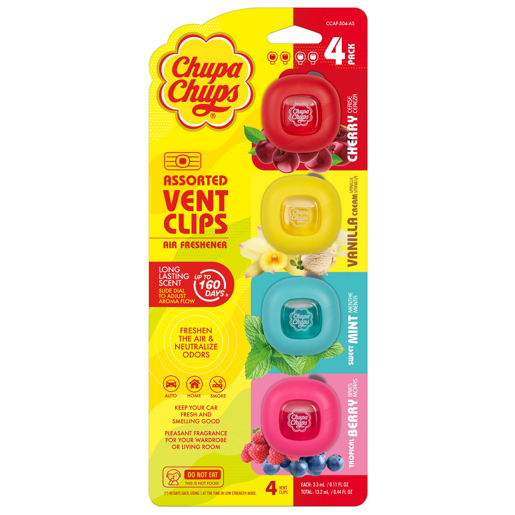 Chupa Chups Car Air Freshener, 4-Piece Assorted - Long Lasting Car Fresheners with Fun Scents, Colorful and Vibrant Air Freshener for Car, Unique Car Freshener Perfume Deodorizer Refresher Fragrance