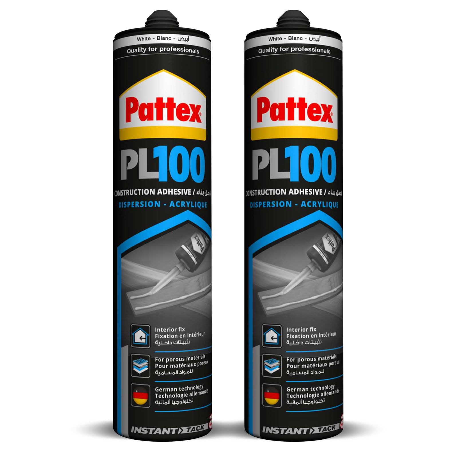 Pattex PL 100 White 380ML (Pack of 2),Suitable for the following surfaces: laster (indoor), concrete, cellular concrete, pumice, fiber concrete, plaster board