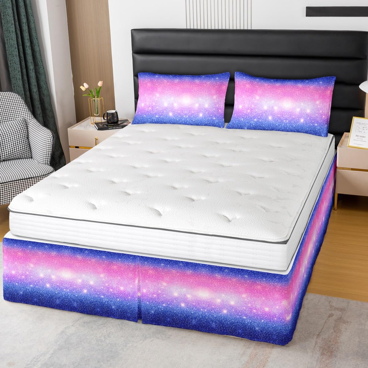 Galaxy Themed Kids Soft Bedding Bed Skirts Twinkle Starlight Glitter Bedskirt Boys Girls Blue Purple Pink Dust Ruffle Pleated Bedskirt Colorful Gradient Design Bedroom Collection 3Pcs Full Size