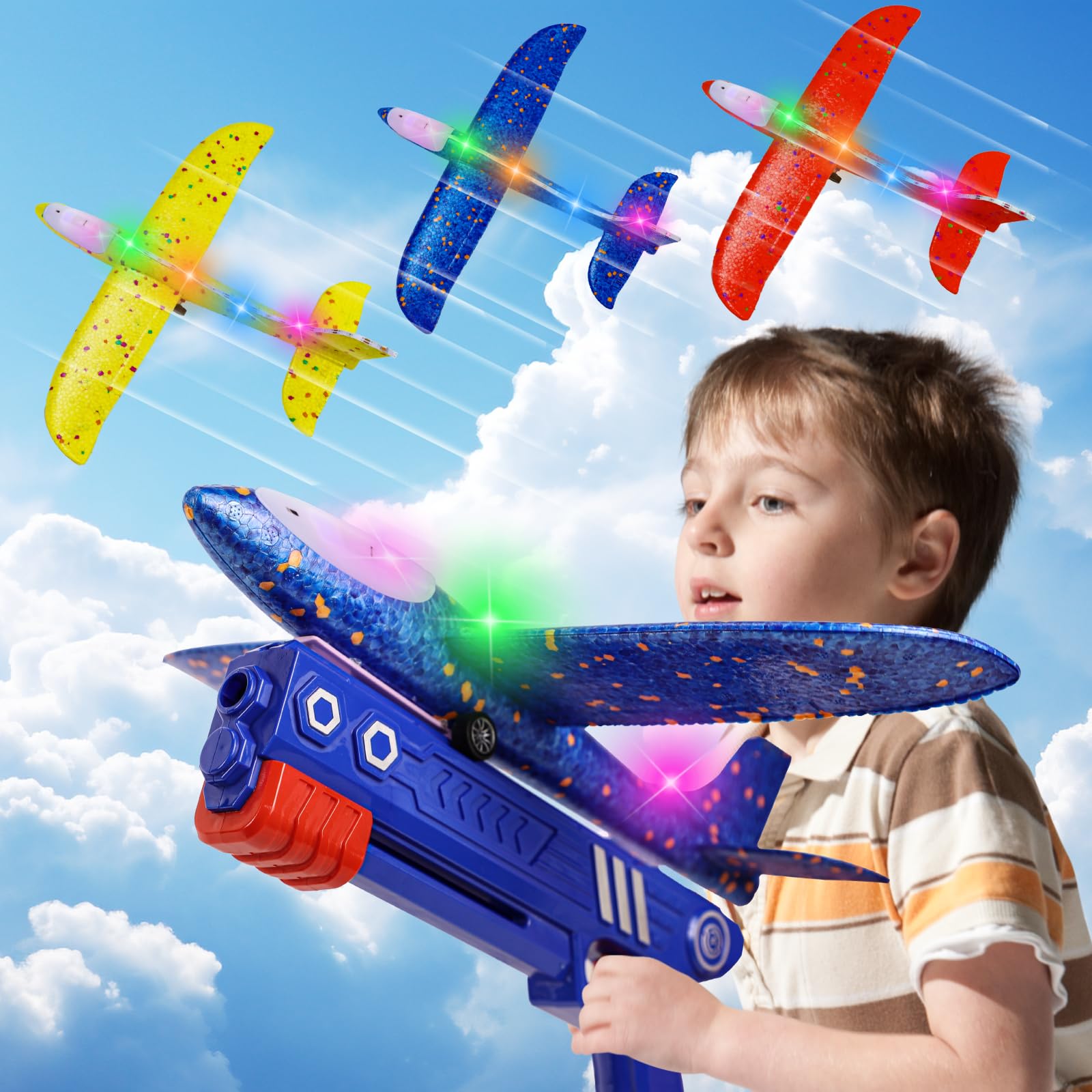 3 Pack Airplane Launcher Toys, LED Throwing Glider Plane, Catapult Aeroplane Toy with Gun, Foam Flying Toy Outdoor Garden Sports Shooting Game,Fun Birthday Gift 4-12 Years Old Kids Boys Girls