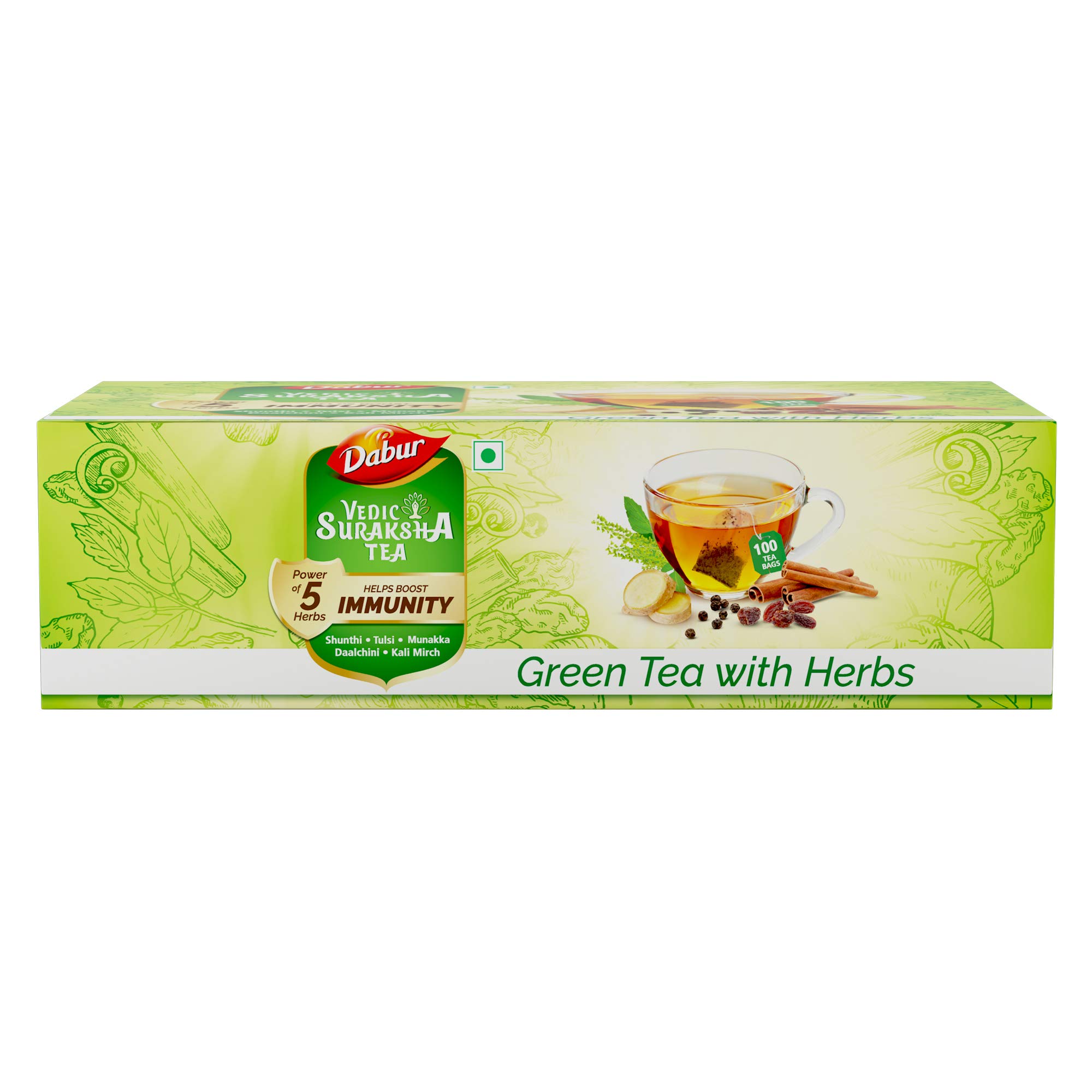 Dabur Vedic Suraksha Green Tea - 100 tea bags | Immunity Booster| with the Goodness of 5 Ayurvedic Herbs