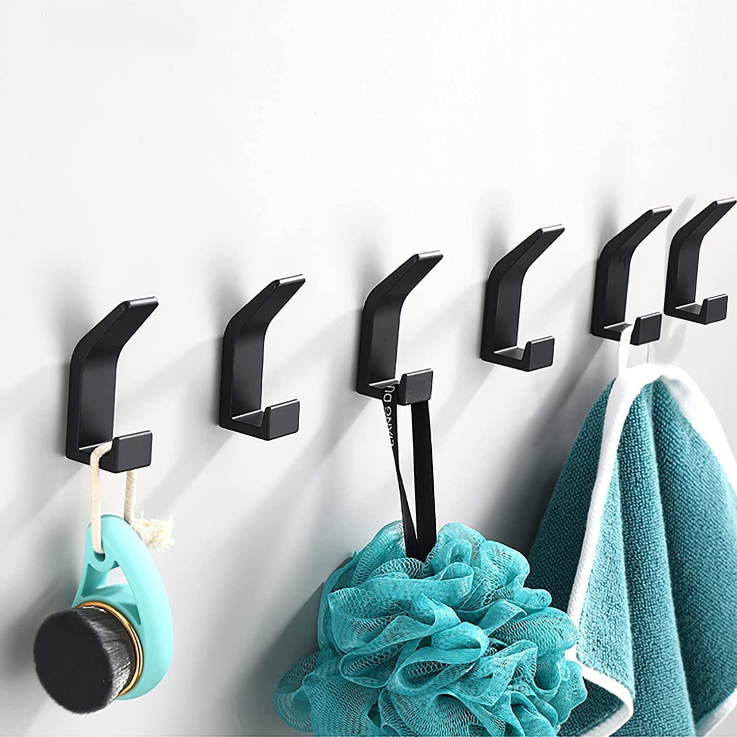 THMINS 6 Pack Adhesive Hooks Coat Hooks Heavy Duty Wall Hooks for Hanging with Black,Reusable,Modern and Waterproof Hooks for Kitchen, Bathroom, Bedroom,towel holder, Clothes, Bags, Keys…