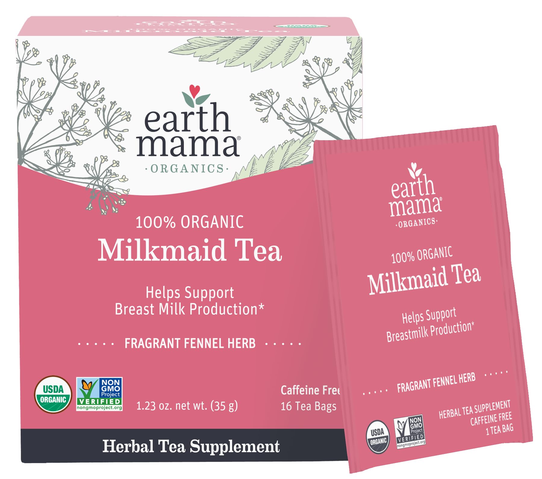 Earth Mama Organics Fragrant Fennel Herb Caffeine Free Milkmaid Tea - 16 Bags,35g,1.23oz