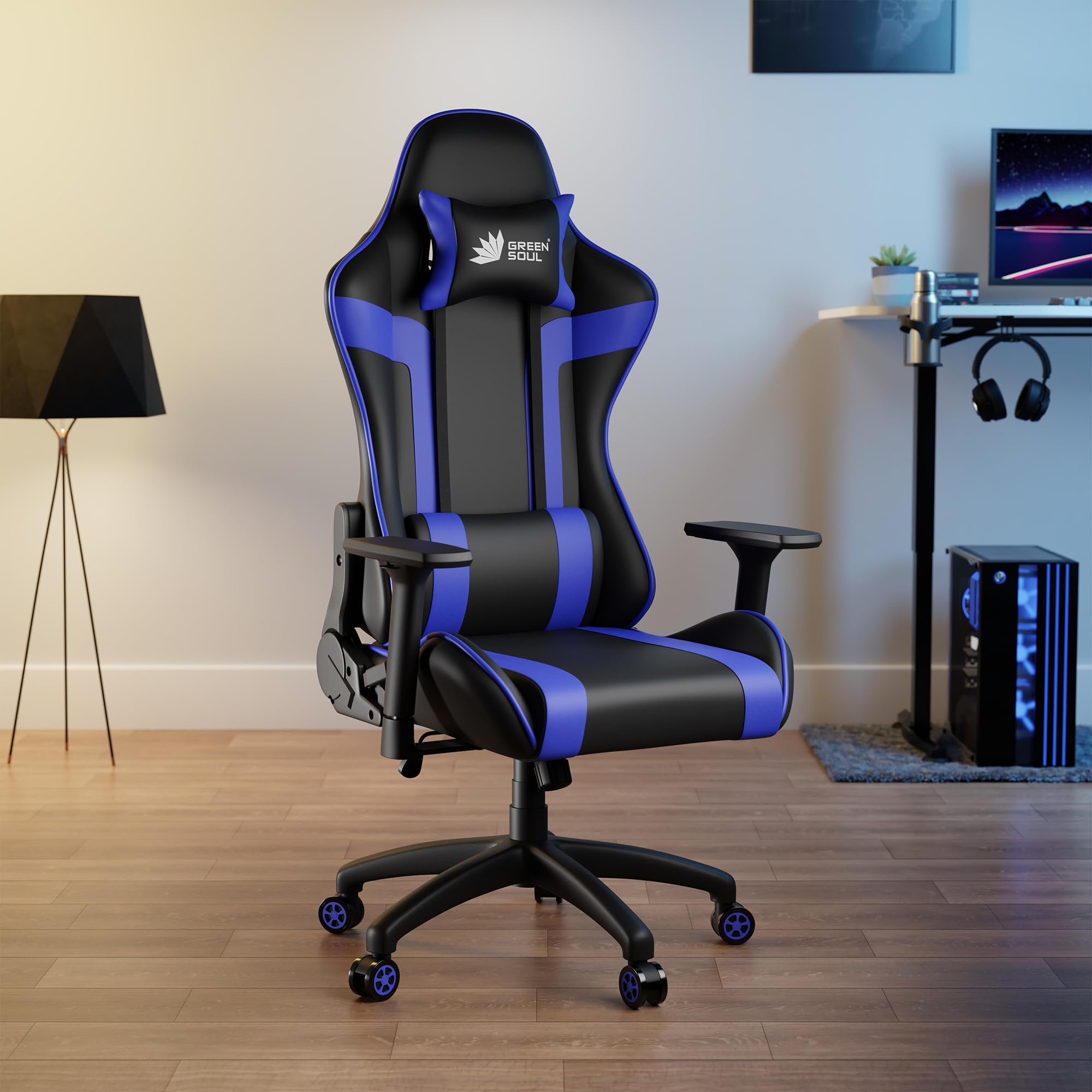 Green SoulRaptor 2.0 Racing Edition Ergonomic Gaming Chair with Premium PU Leather, Adjustable Neck & Lumbar Pillow, 3D Adjustable Armrests & Heavy Duty Nylon Base (Black & Blue)