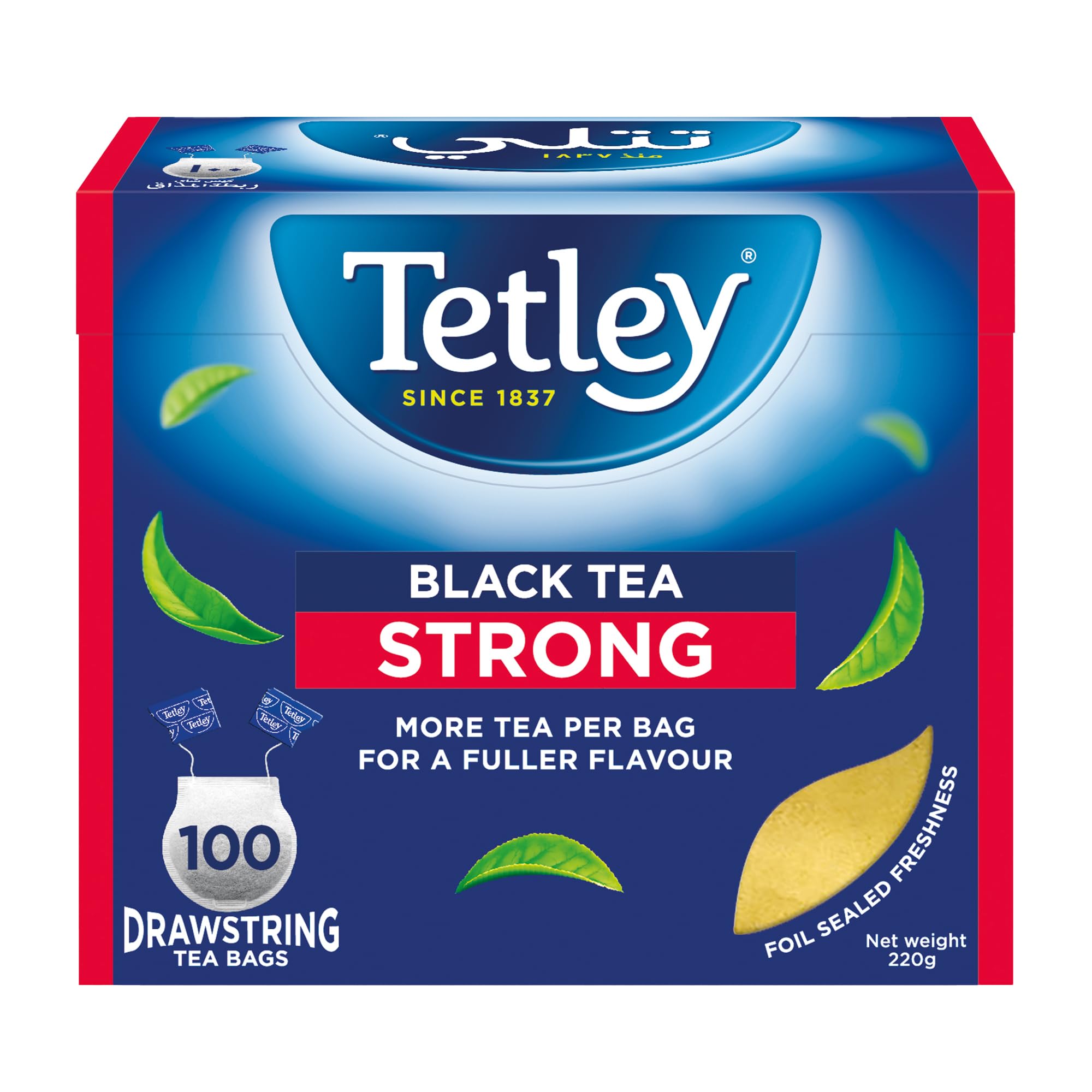 Tetley Strong Black Tea | 100 Black Tea Bags | More Tea per Bag for a Fuller Flavour | Foil Sealed Freshness | 220g