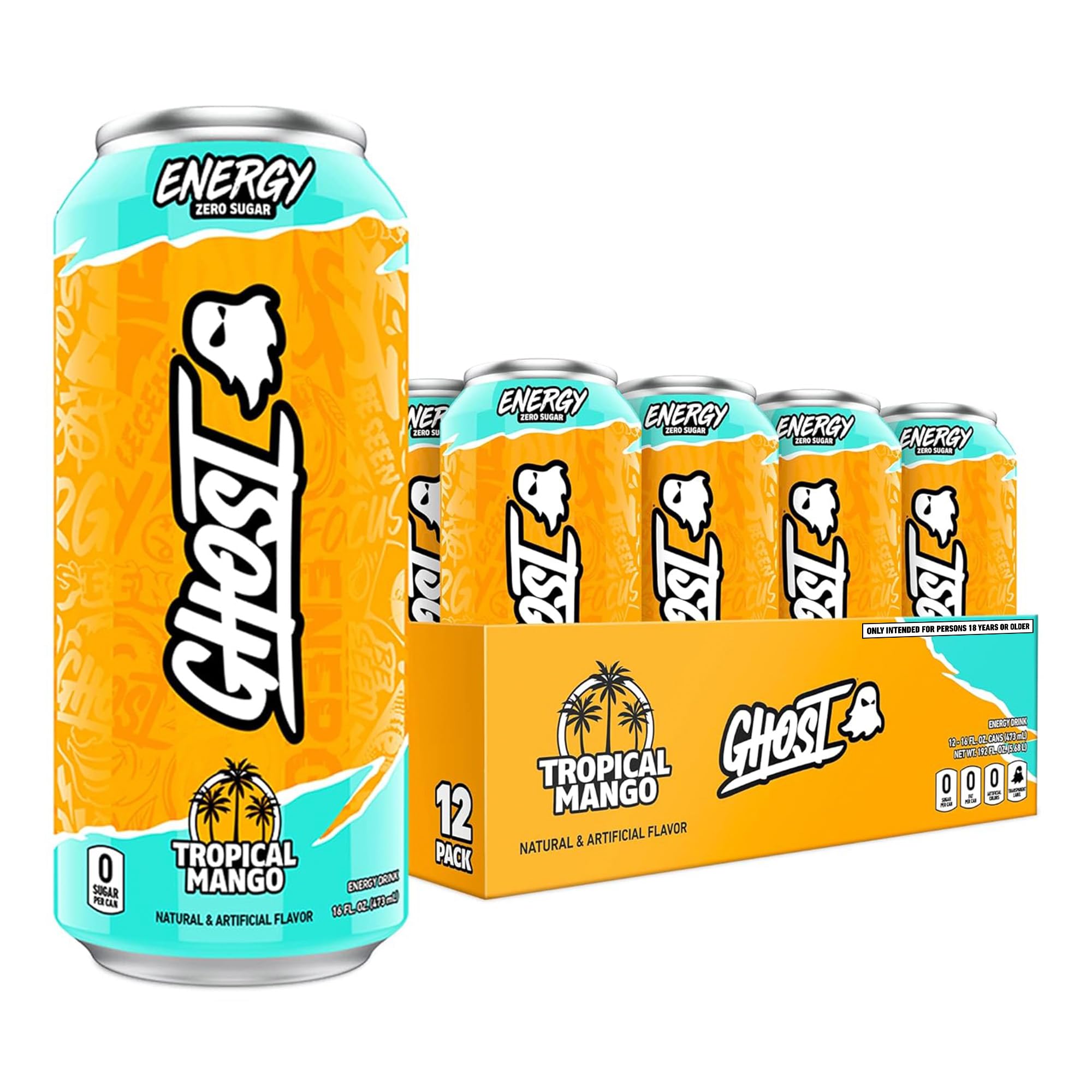 GHOST ENERGY Sugar-Free Energy Drink - 12-Pack, Tropical Mango, 16oz Cans - Energy & Focus & No Artificial Colors - 200mg of Natural Caffeine, L-Carnitine & Taurine - Soy & Gluten-Free, Vegan?