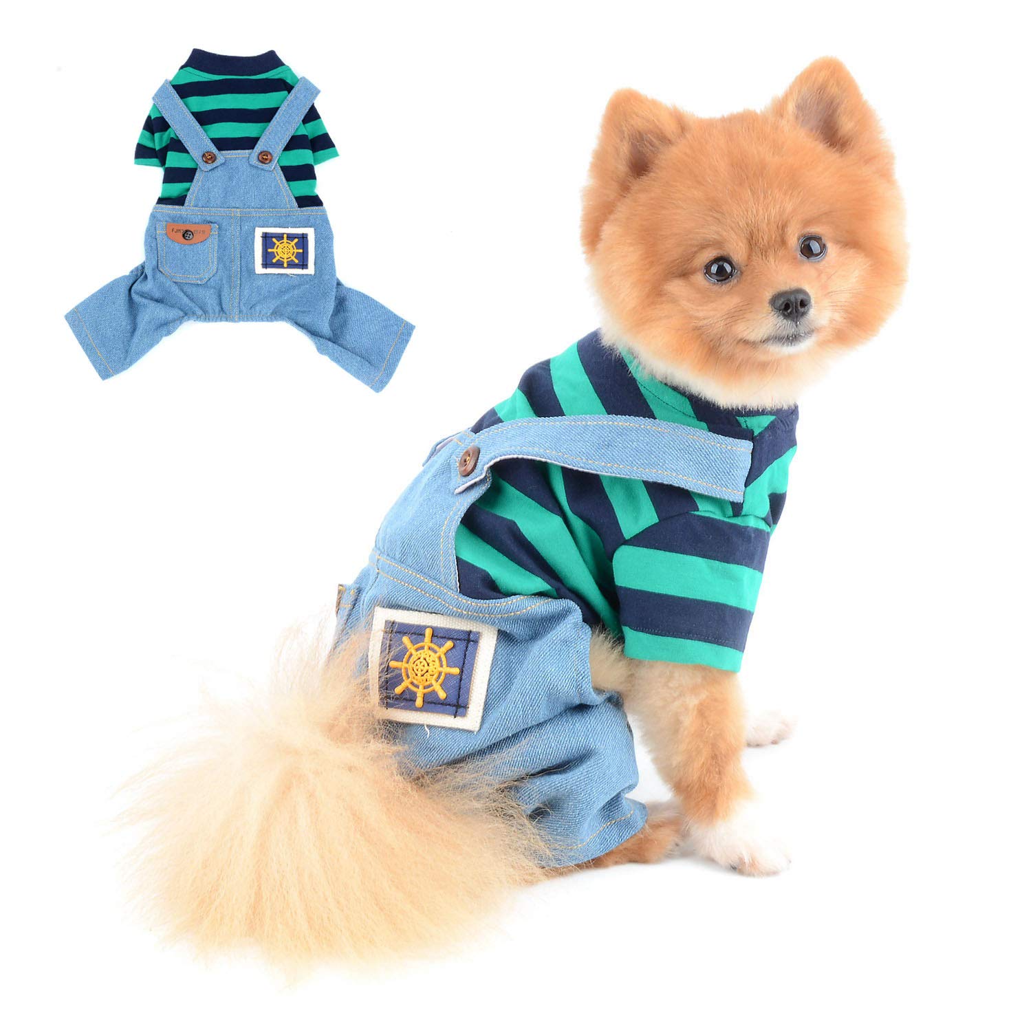 SELMAI Dog Outfits for Small Dogs Boy Girls Summer Striped Shirts with Pants Denim Shorts Jumpsuits Apparel for Cats Puppies Chihuahua Clothes Adorable Overalls for Medium Pets Spring Autumn Green XS