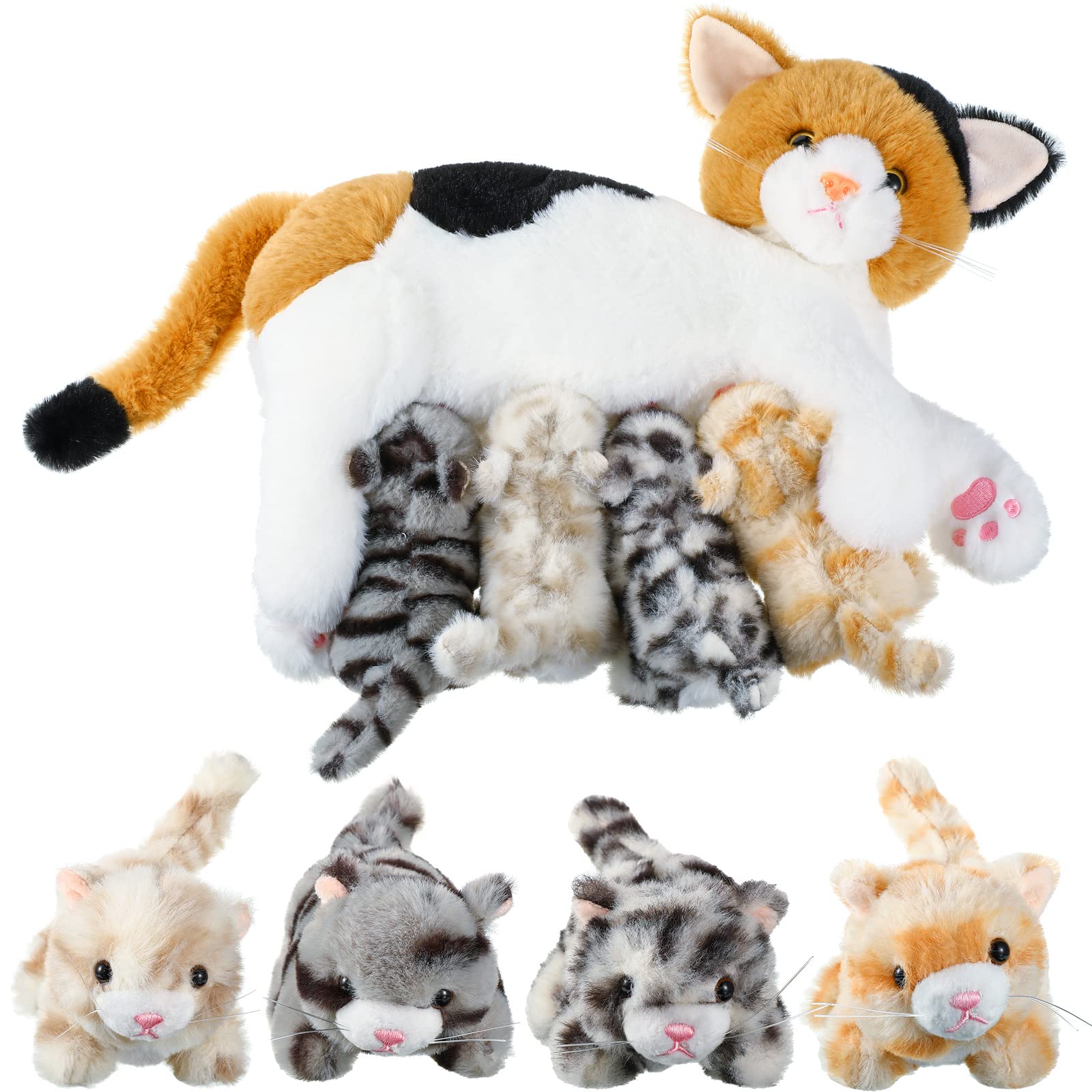 Skylety Nurturing Cat Stuffed Animal with Plush Kittens, Cat Baby Christmas Stuffed for Girls and Boys Plushy Kitty Mommy Cat with 4 Baby Cats for Birthday Party Favors Gifts (Lovely Style)