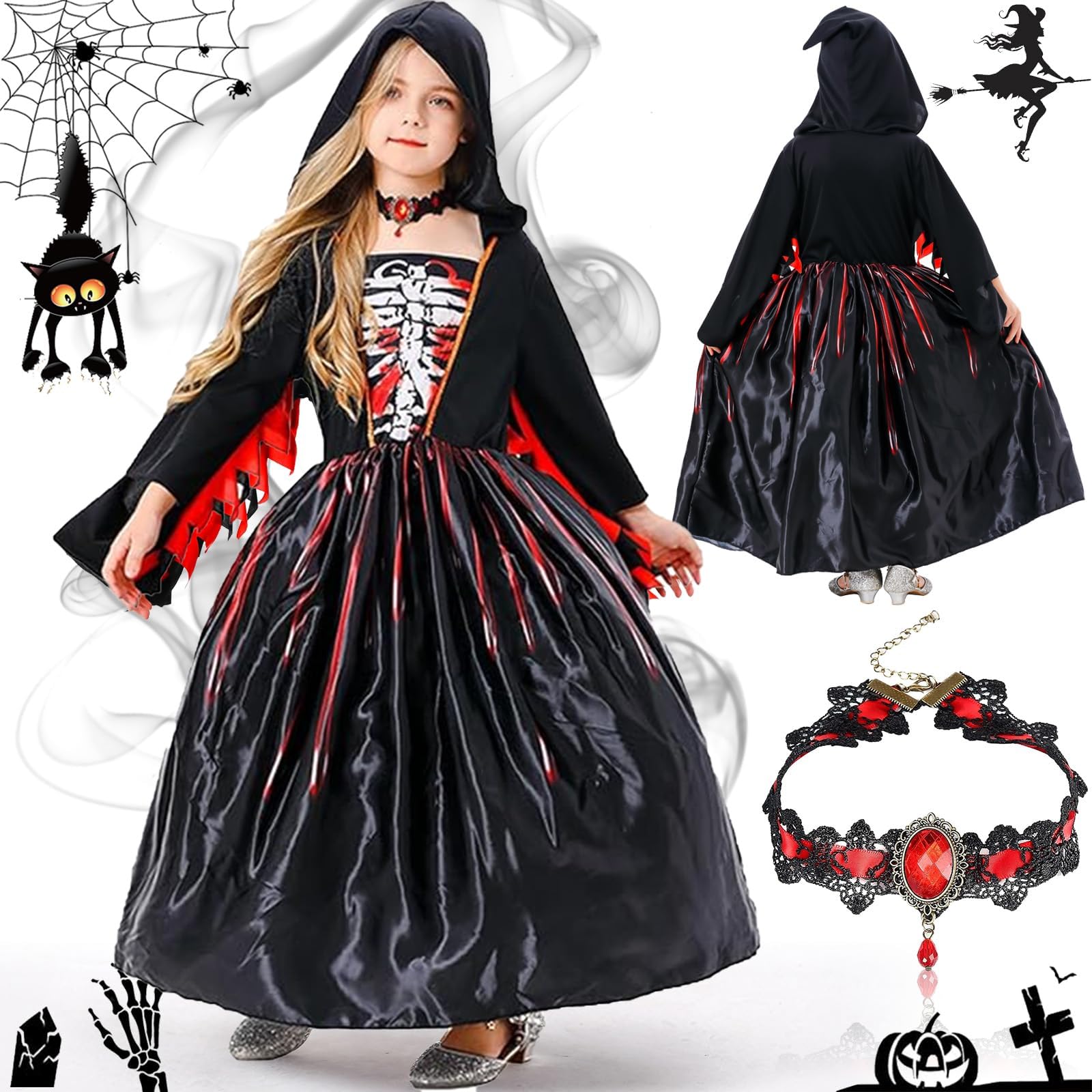 Pomefar Halloween Costume for Girls, Halloween Costume Dress with Hat and Pendant, Girls Costume Halloween Witch Dress, Fancy Party Hooded Dress