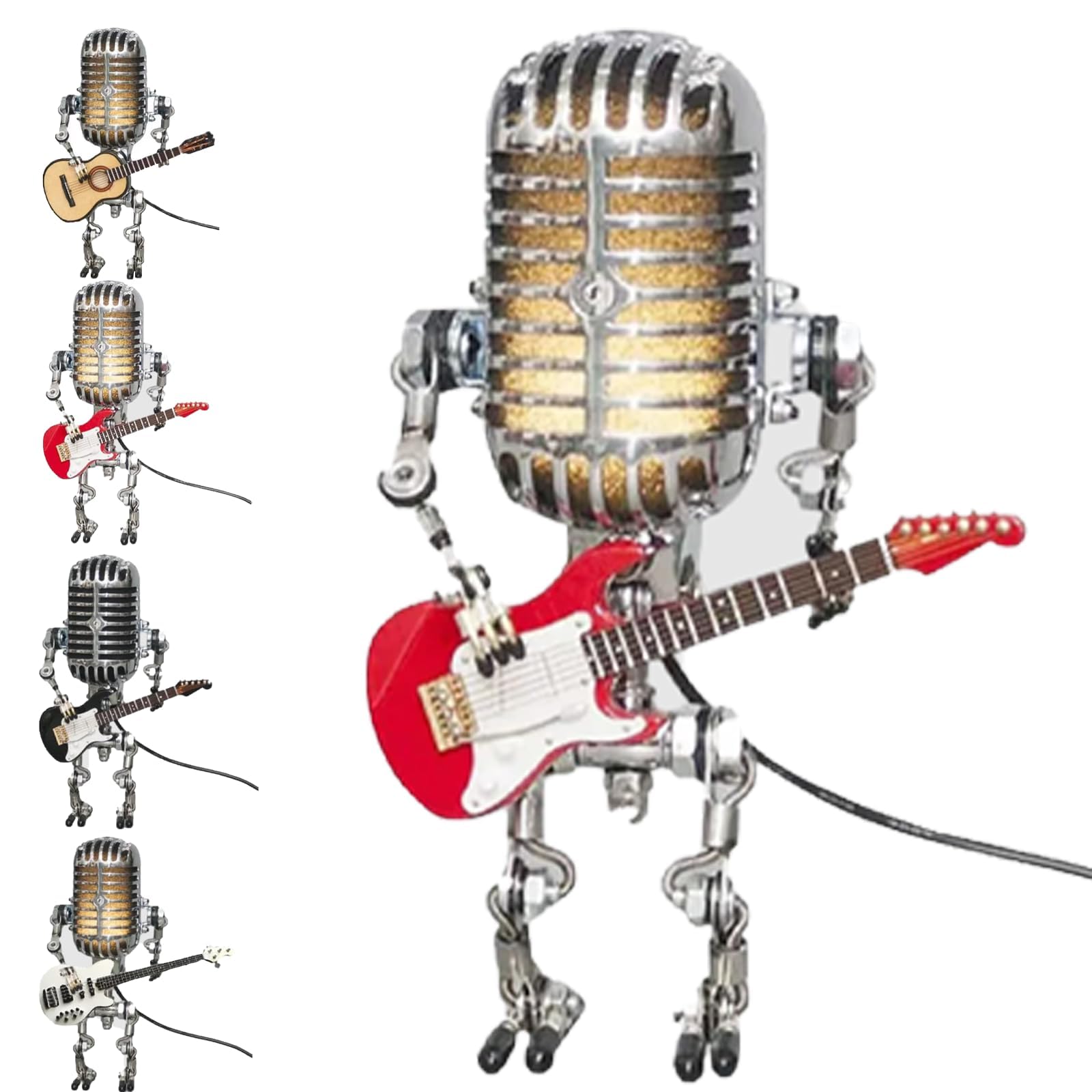 Nihexo Mic Rockbot, Vueeze Mic Rockbot, Sherum Mic Rockbot, Dotmalls Mic Rockbot, Libiy Mic Rockbot, Retro Style Microphone Robot Table Lamp, Metal Microphone Robot Desk Lamp with Mini Guitar (Red)