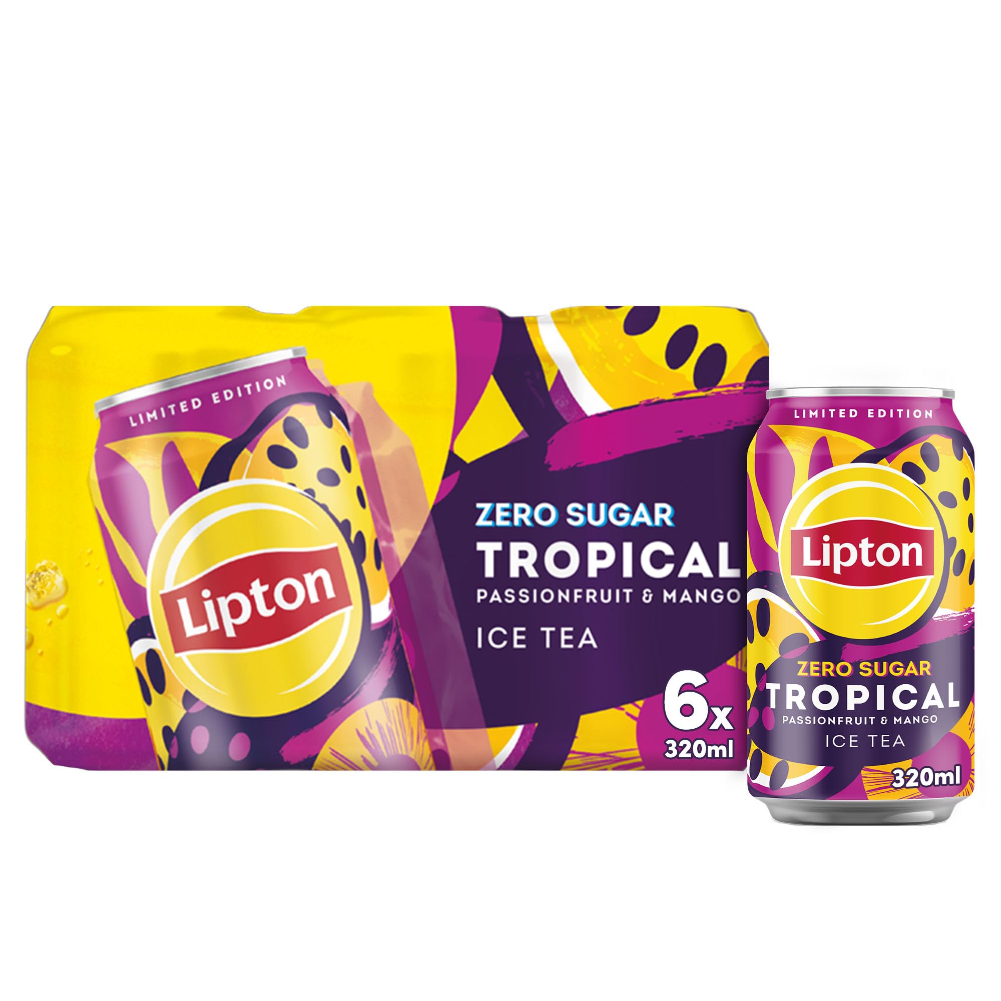 Lipton Tropical Black Iced Tea Passionfruit and Mango, 6x320ml, Pack of 6, Zero Sugar, Non-Carbonated Drink, Limited Edition, Can