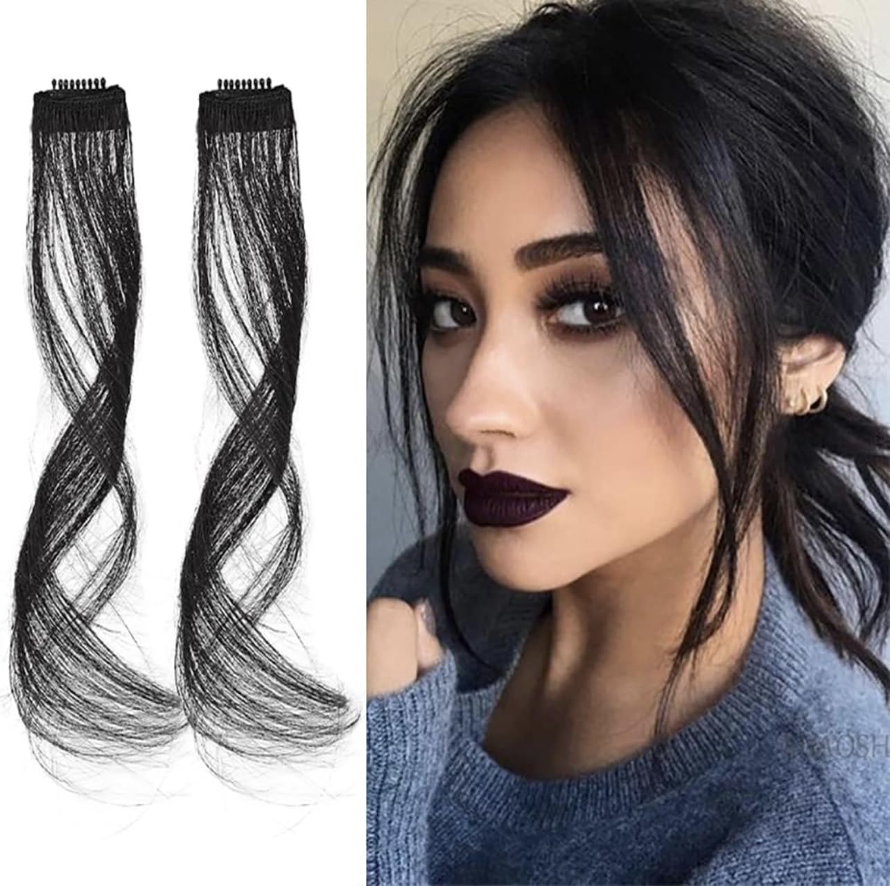 Fashion Fitoor 2Pcs Side Bang Clip in Bangs Real Human Hair Side Covers Wave Fringe Hair Extensions for Women Girls - (Natural Black Color)