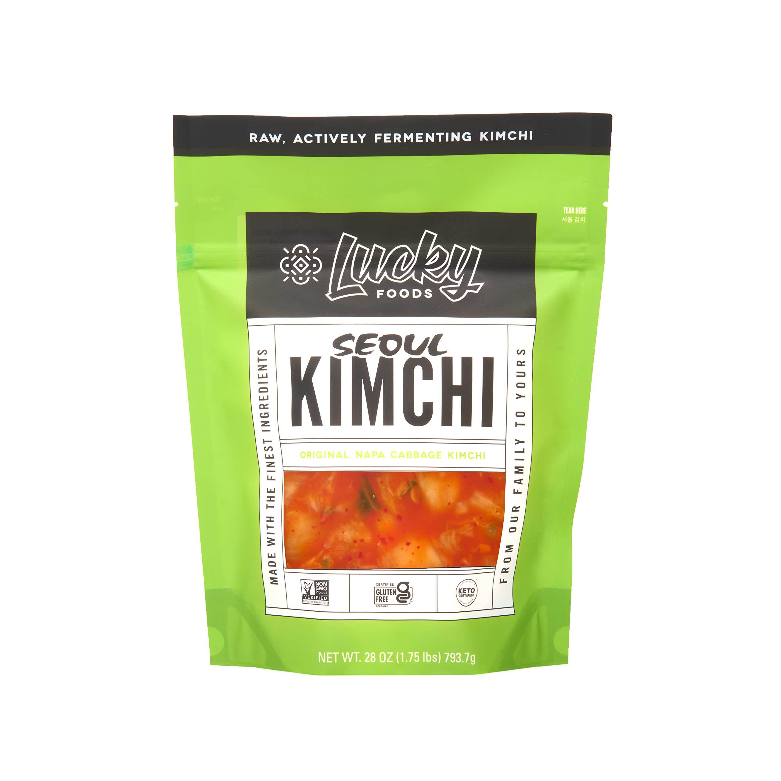 LuckyFoods Seoul Kimchi, (28oz / 1.75 lbs), Authentic Korean Premium Fermented Napa Cabbage Kimchi, / (서울김치, ORIGINAL, Made in USA) (Pack of 1)