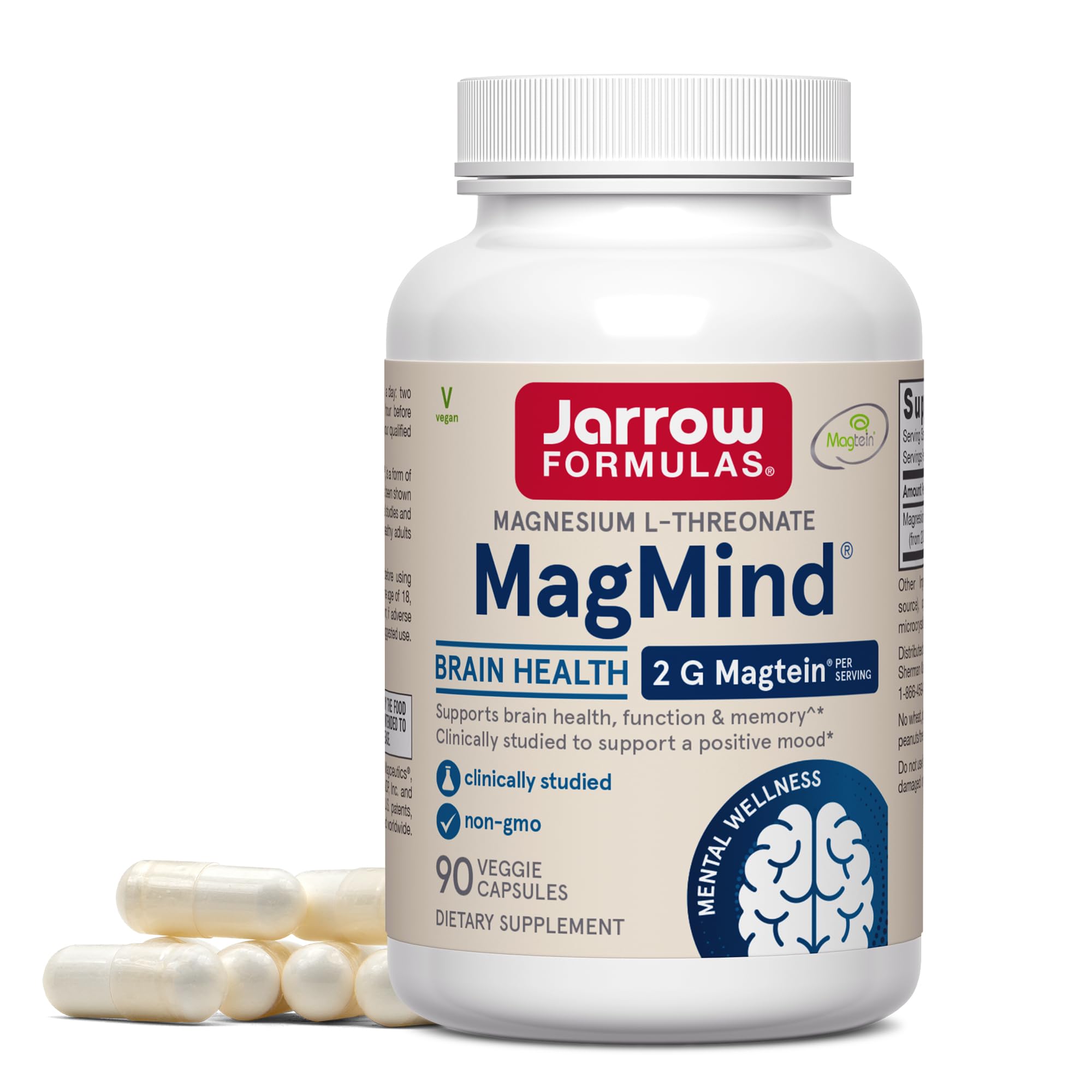 Jarrow Formulas Magnesium L-Threonate, MagMind Brain Supplements for Memory Support, 90 Veggie Capsules, Up to a 30 Day Supply