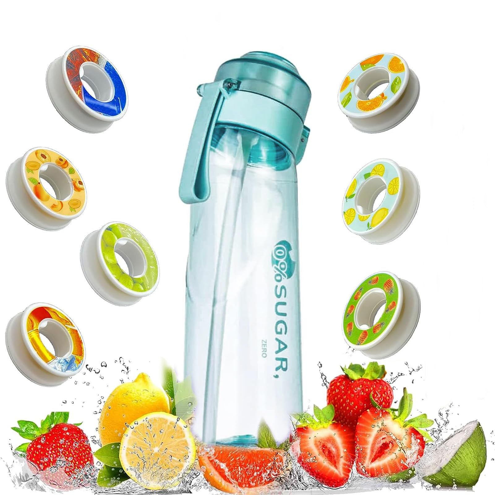 TOYBY Sports Air Water Bottle BPA Free Starter up Set Drinking Bottles,650ML Fruit Fragrance Water Bottle,with 1 Random Flavour pods 0% Sugar Water Cup,for Gym and Outdoor (Blue)