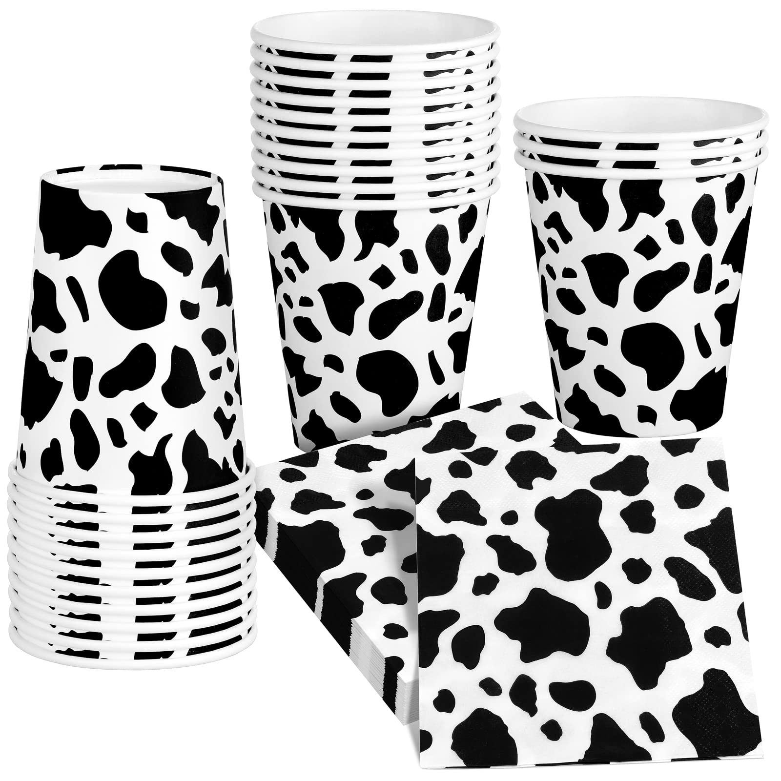 durony 48 Pieces Cow Print Birthday Party Supplies Include 24 Cow Print Cups and 24 Cow Print 3-Layers Napkins Cow Farm Decorations for Milk Baby Shower Party Supplies