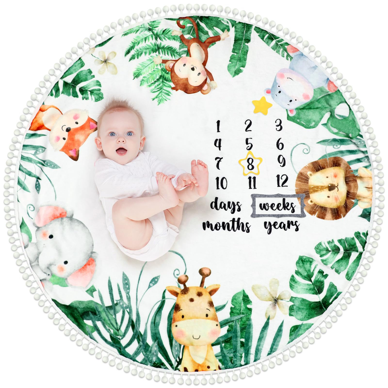 PeryiterBaby Monthly Milestone Blanket 43.3" x 43.3" Safari Jungle Animals Leaf Newborn Play Mat Flannel Round Baby Blankets with Growth Chart Pompom Ball for Boy Girl Nursery Decor Props Shower Gift