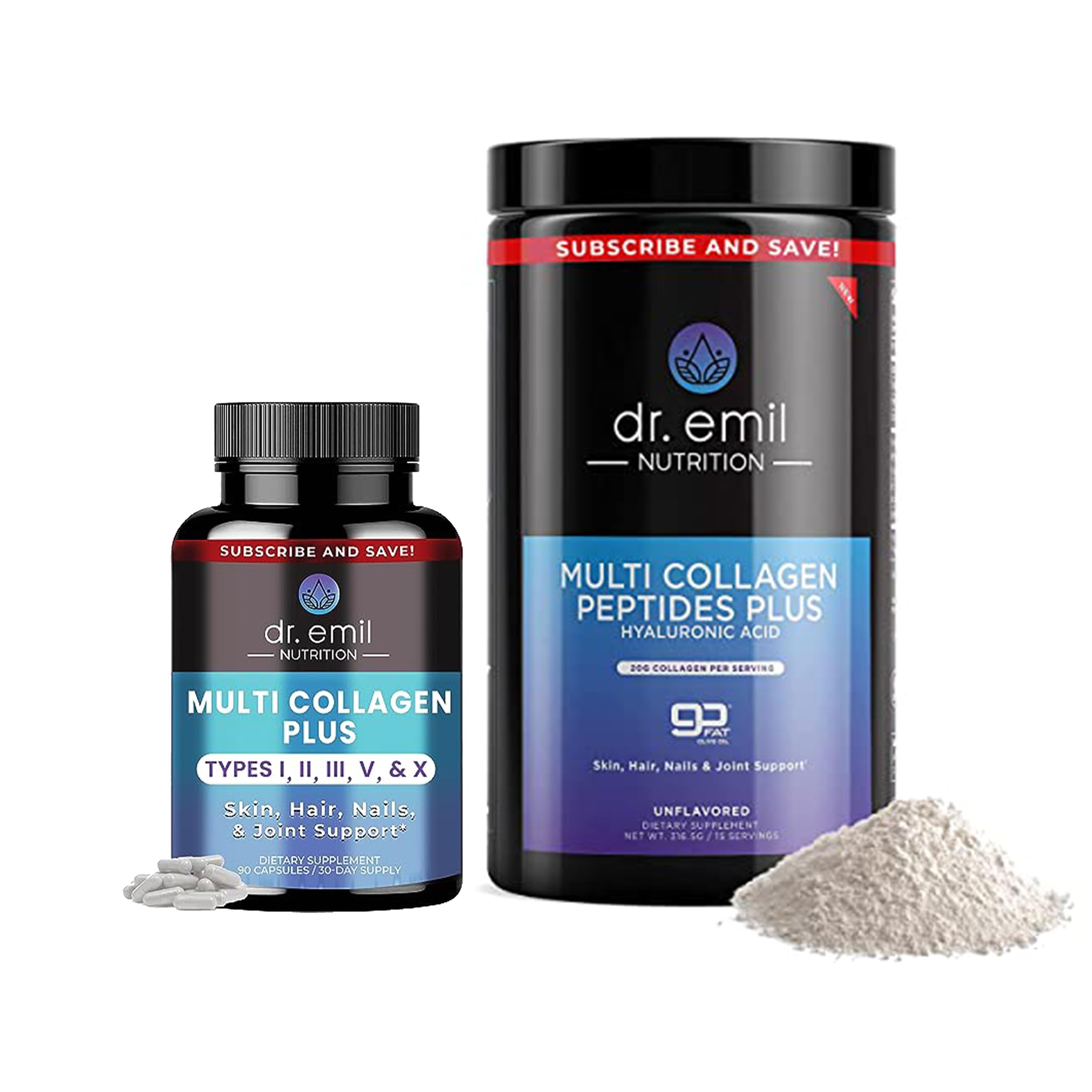 DR. EMIL NUTRITION Complete Multi Collagen Bundle - Double The Collagen & Double The Hair, Skin & Nails Benefits - Collagen Peptide Pills & Collagen Powder Bundle (15 Servings)