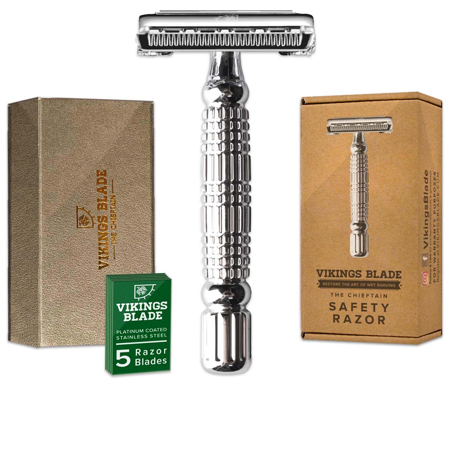 VIKINGS BLADE Double Edge Safety Razor for Men + 5 Swedish Steel Blades + Luxury Case. Smooth, Reusable, Eco-Friendly (The Chieftain)