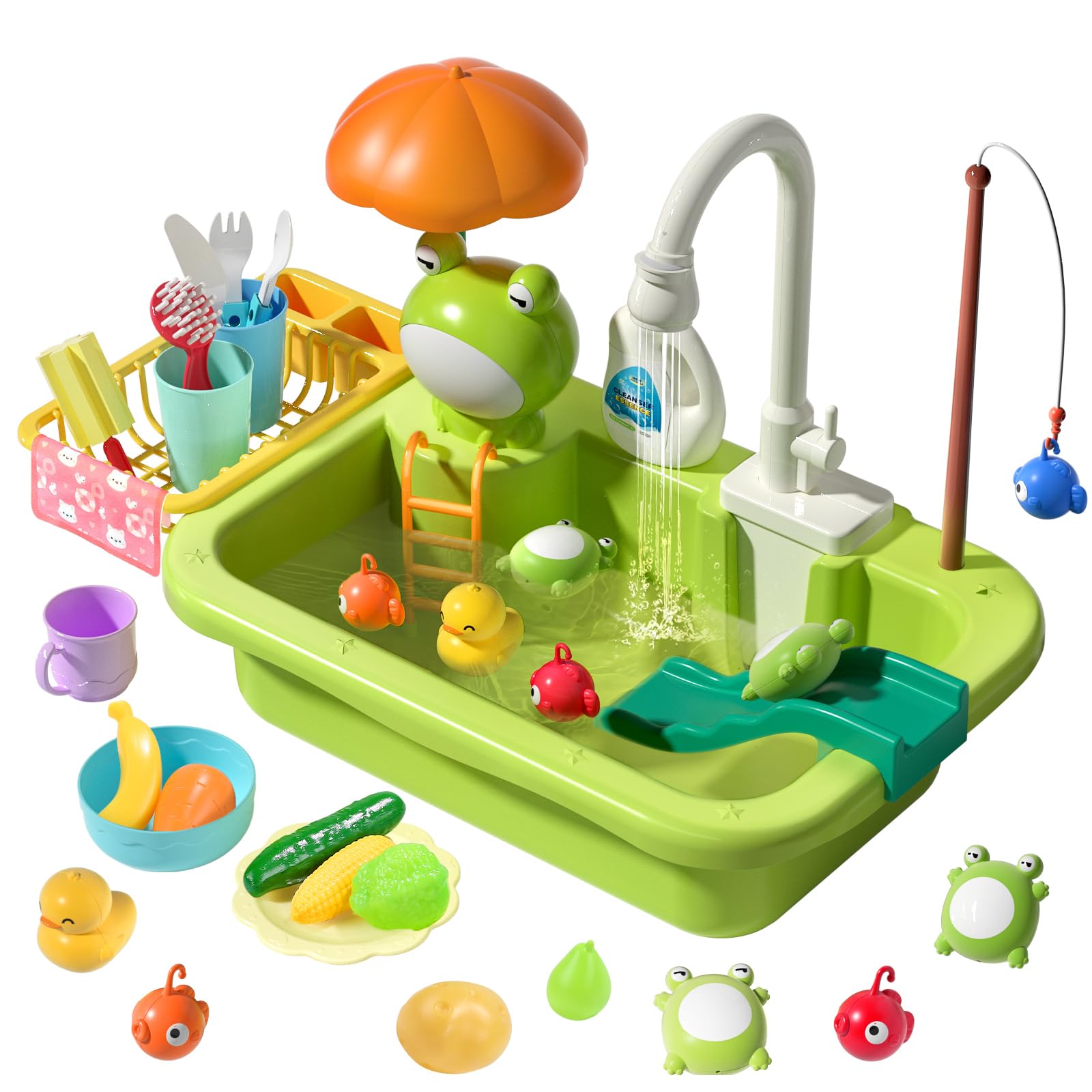 cute stone Play Sink with Running Warm Water, Kitchen Sink Toys with Upgraded Electric Faucet, Play Kitchen Toy Accessories, Pool Floating Fishing Toys for Water Play, Kids Role Play Dishwasher Toy