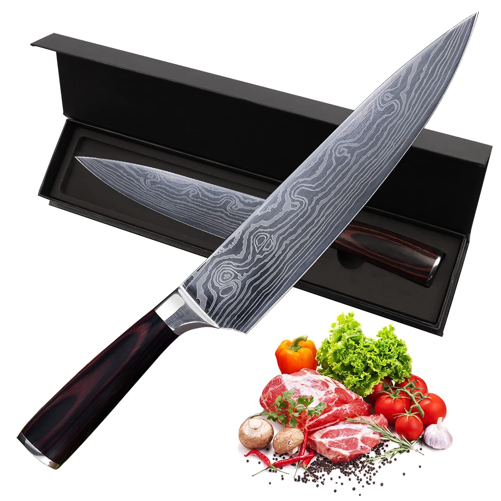 Little World Chef's Knife 8 Inches, Professional Kitchen Knife for Cooking, German High Carbon Steel Sharp Knife with Ergonomic Wooden Handle and Gift Box