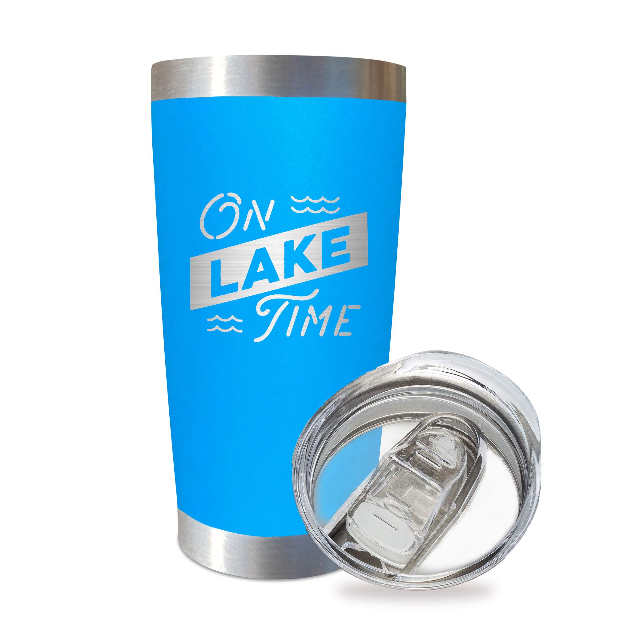 SassyCups On Lake Time Tumbler Cup | 20 Ounce Engraved Blue Stainless Steel Insulated Travel Mug with Lid | Lake House Decor | Lake Housewarming | Lake Lovers | Boat Owner | Lake Accessories